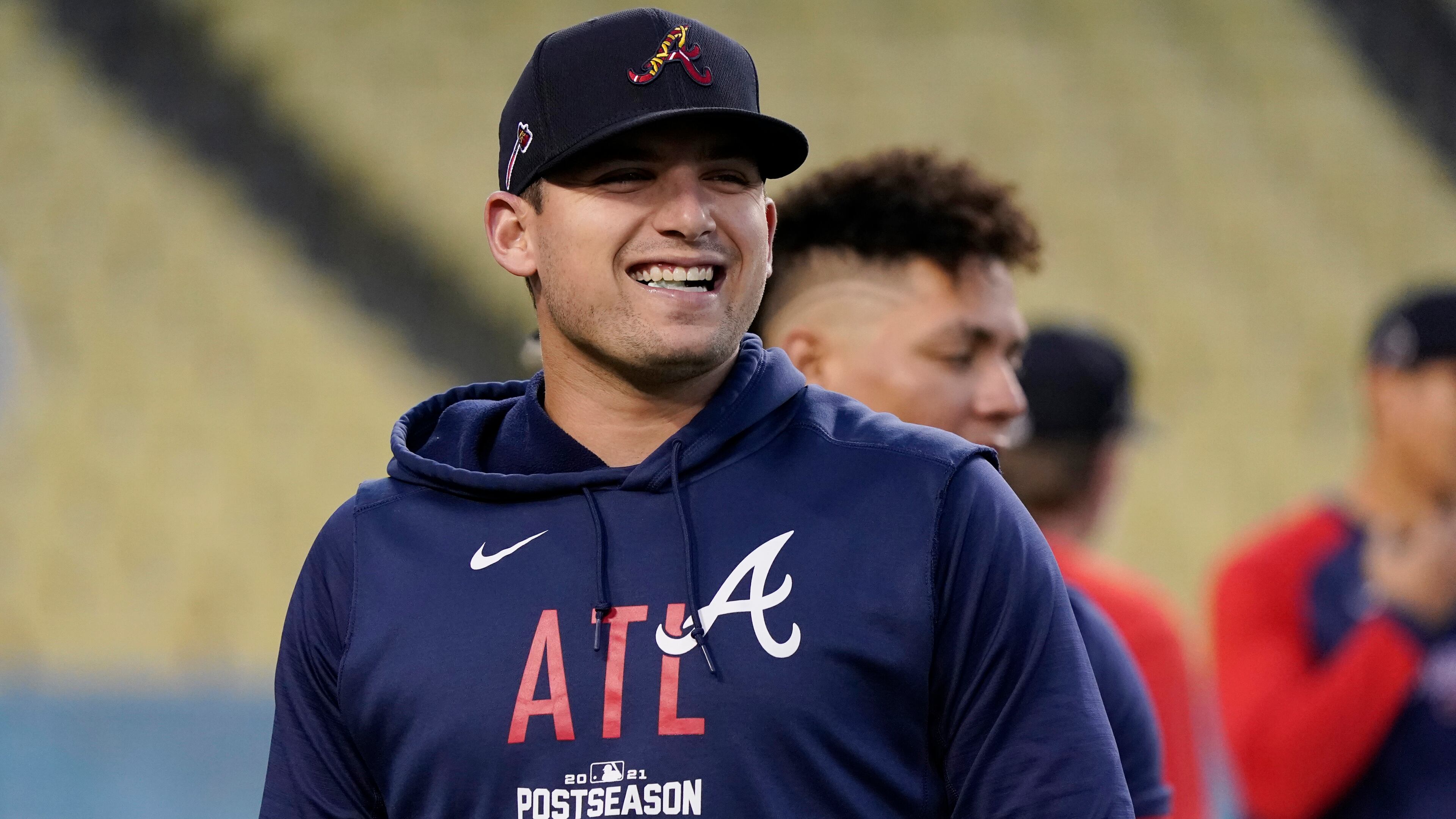 Austin Riley smiles during a workout ahead of Game 3 of baseball's National League Championship Series, Monday, Oct. 18, 2021, in Los Angeles.