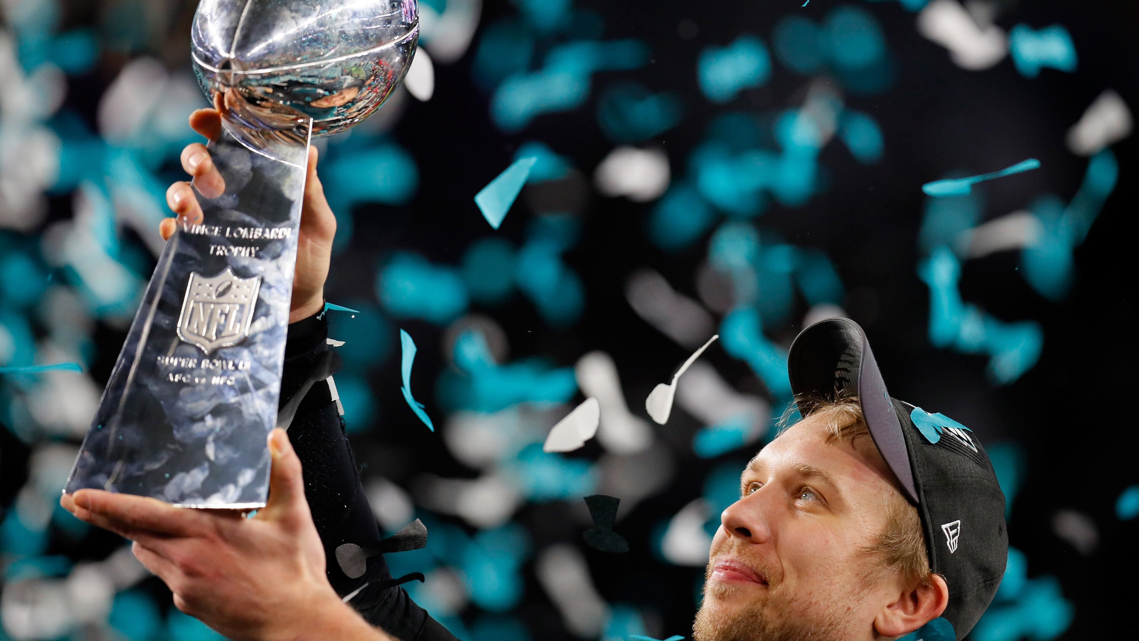 Nick Foles of the Philadelphia Eagles celebrates with the Vince Lombardi Trophy after his teams 41-33 victory over the New England Patriots in Super Bowl LII at U.S. Bank Stadium on February 4, 2018 in Minneapolis, Minnesota. The Philadelphia Eagles defeated the New England Patriots 41-33. (Photo by Kevin C. Cox/Getty Images)