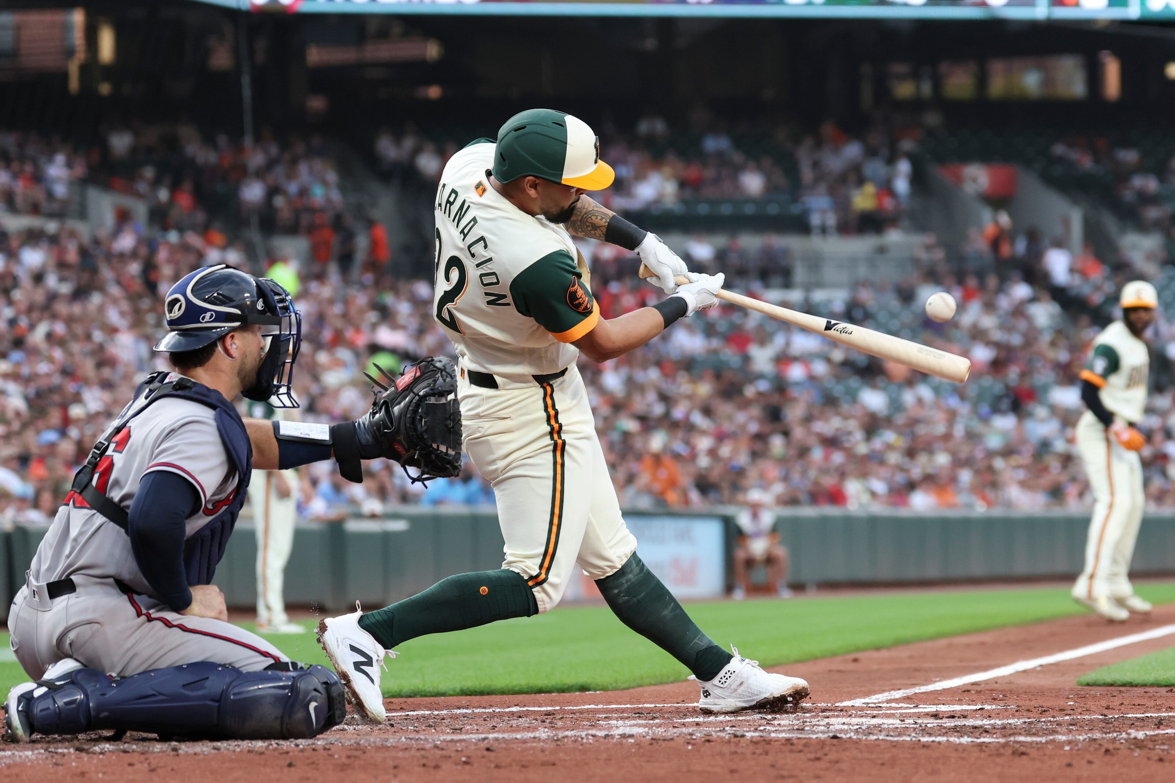 Orioles first baseman Christian Encarnacion-Strand hits a double off Braves pitcher Grant Holmes, which scored Leody Taveras and Jackson Holliday, on Friday, July 24, 2026, in Baltimore. (Terrance Williams/AP)