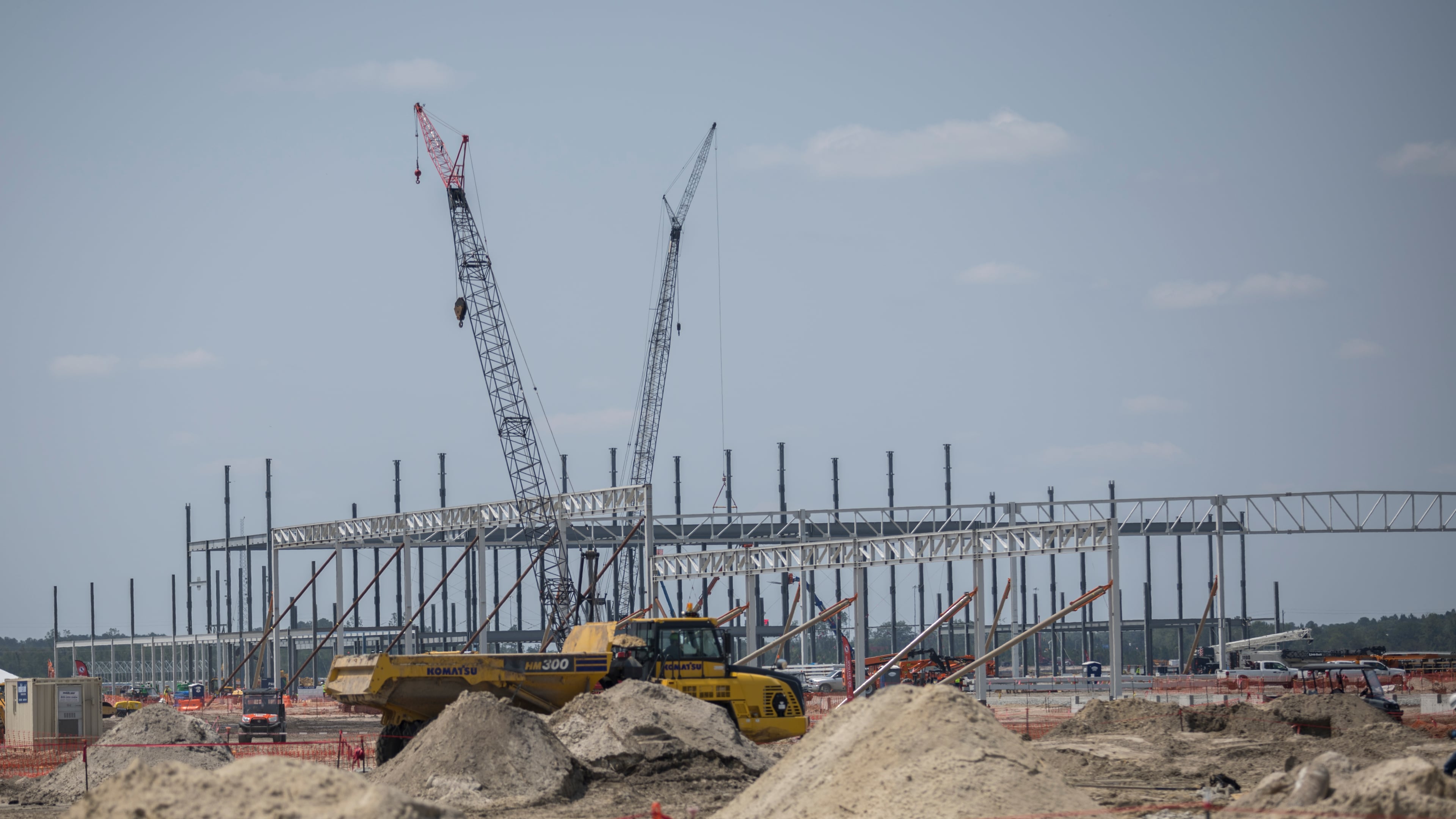 ELLABELL, GA. - JUNE 5, 2023: Large cranes and heavy earth-moving equipment work a construction site at the Hyundai Metaplant site, Monday, July 5, 2023, in Ellabell, Ga. (AJC Photo/Stephen B. Morton)