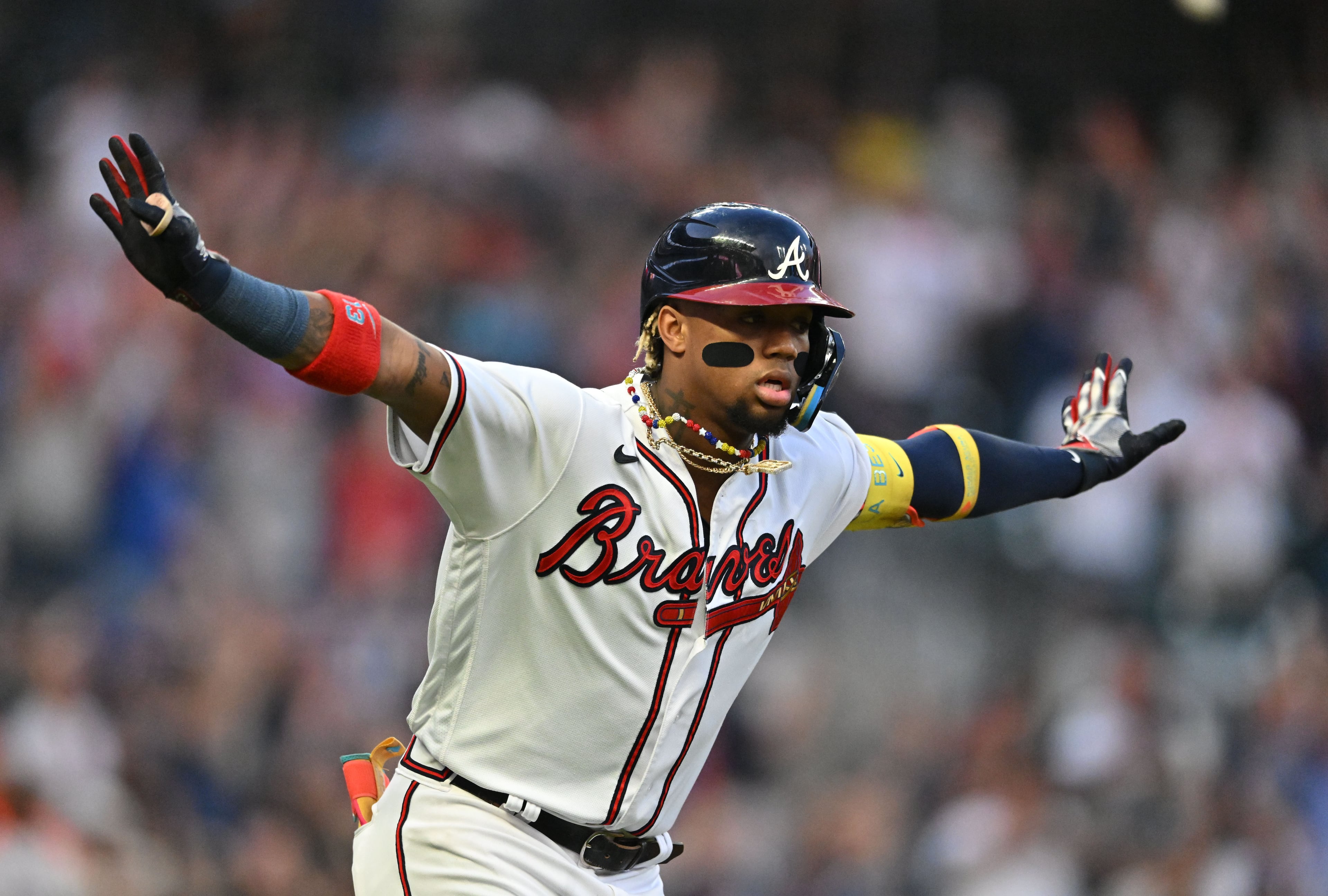 Atlanta Braves' right fielder Ronald Acuna Jr. (13) celebrates after hitting a solo home run during the first inning against the Phillies at Truist Park, Tuesday, September 19, 2023, in Atlanta. The Braves won 9-3. (Hyosub Shin / Hyosub.Shin@ajc.com)