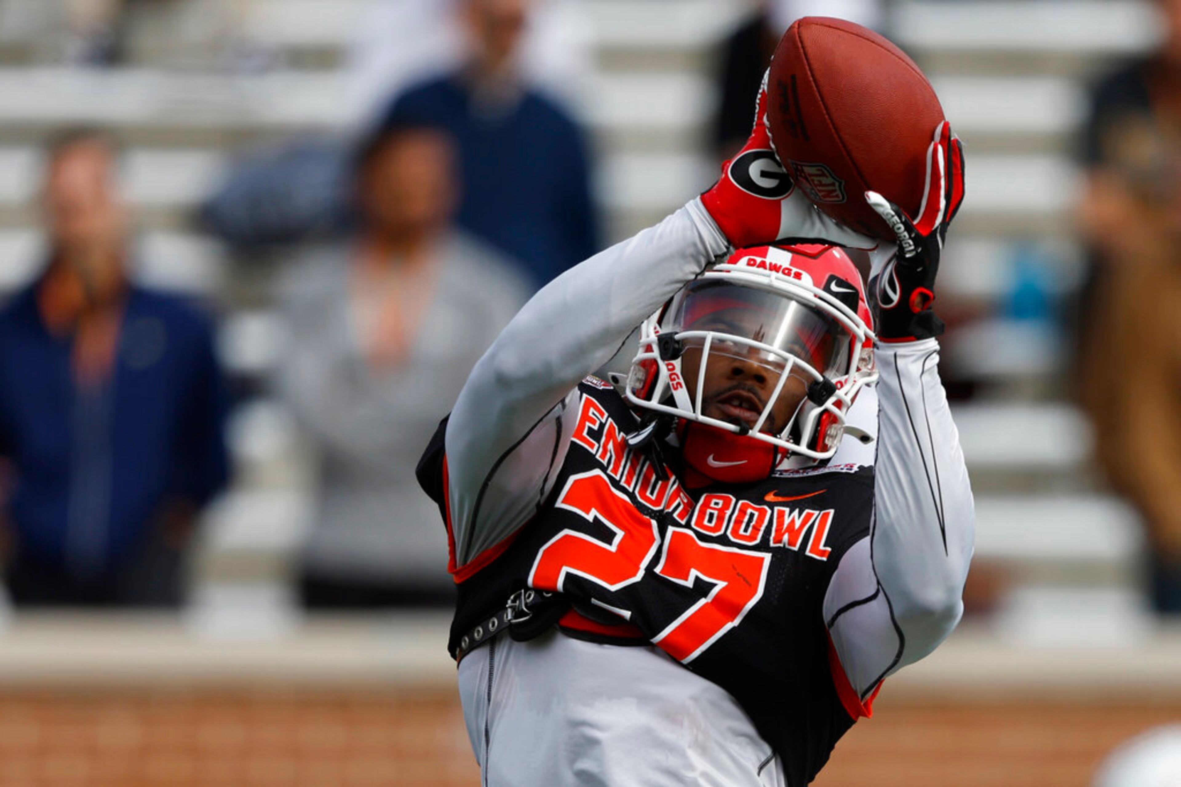 American defensive back Christopher Smith II of Georgia (27) during practice for the Senior Bowl NCAA college football game Wednesday, Feb. 1, 2023, in Mobile, Ala.. (AP Photo/Butch Dill)
