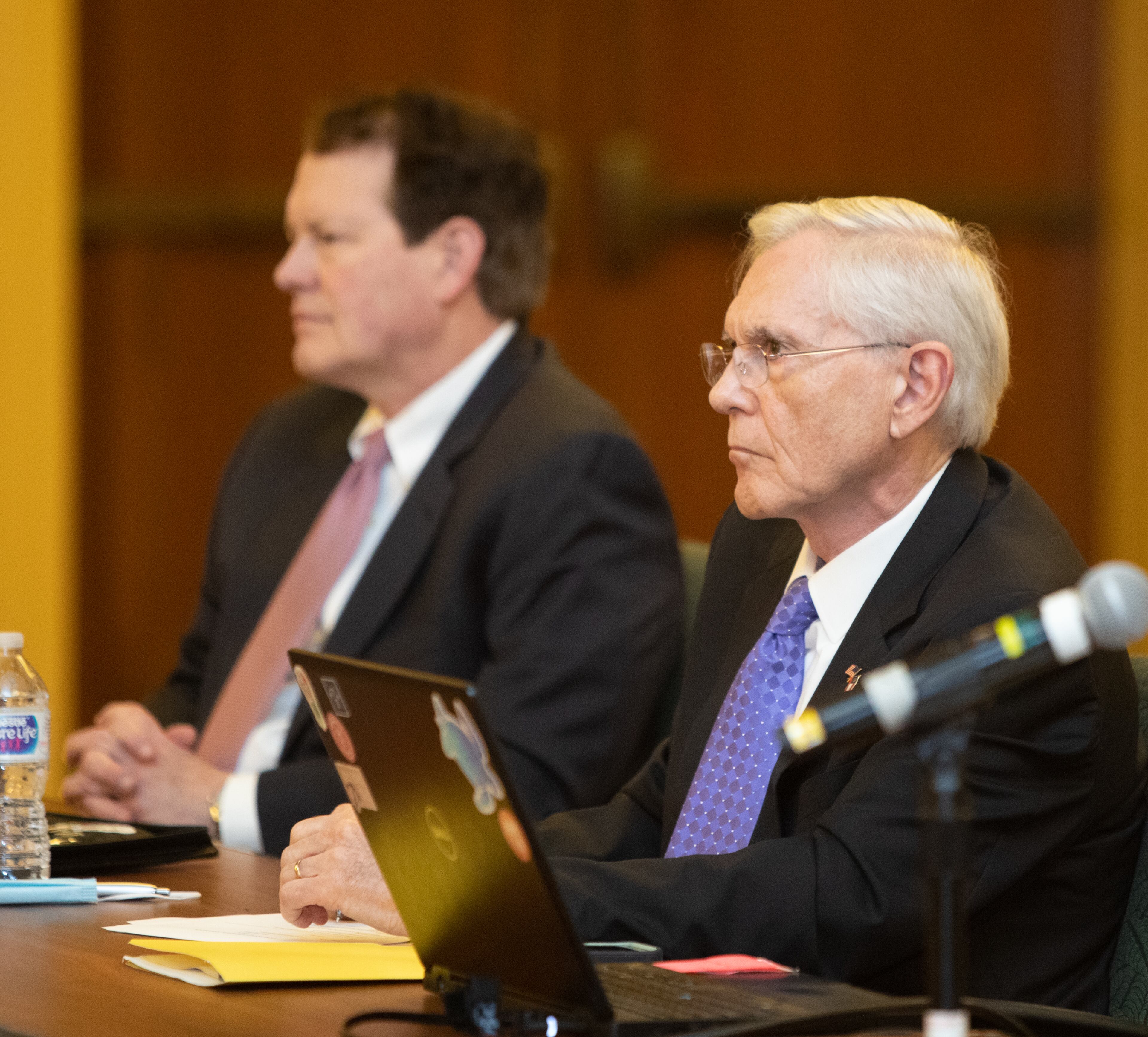 The Stone Mountain Memorial Association including CEO Bill Stephens, front, and Ray Smith meets on Monday, May 23, 2022 at the Evergreen Conference Center in the park. The board approved the change to use Thrive Attractions Management after protests and unrest has the previous company leaving the position. (Jenni Girtman for The Atlanta Journal-Constitution)