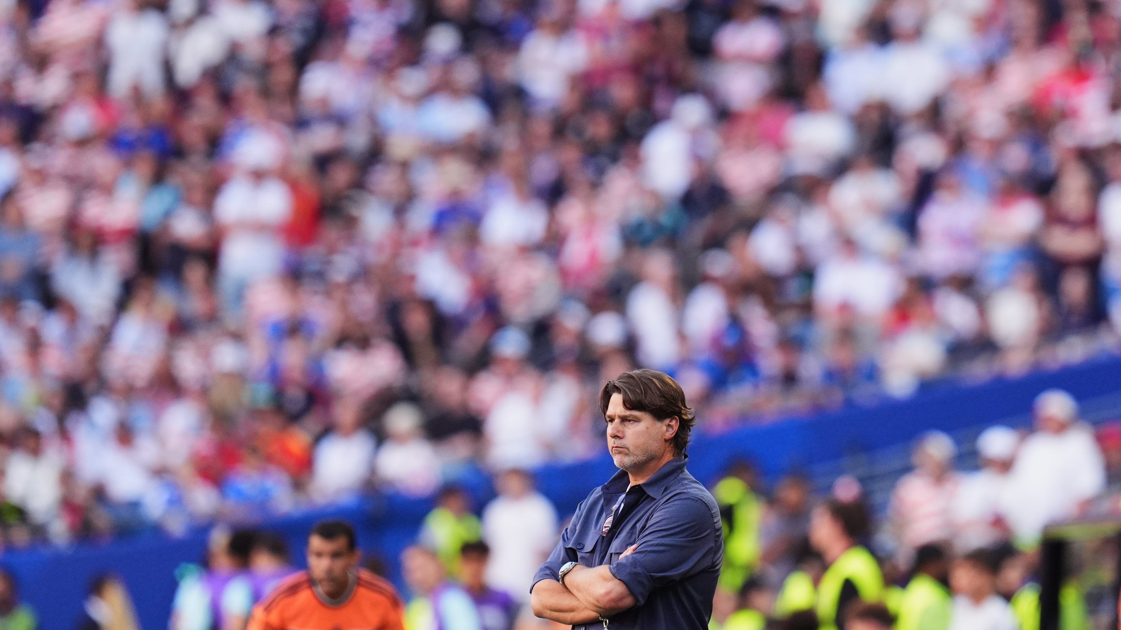 United States head coach Mauricio Pochettino looks on during the World Cup round of 16 soccer match against Belgium in Seattle, Monday, July 6, 2026. (AP Photo/Manu Fernandez)