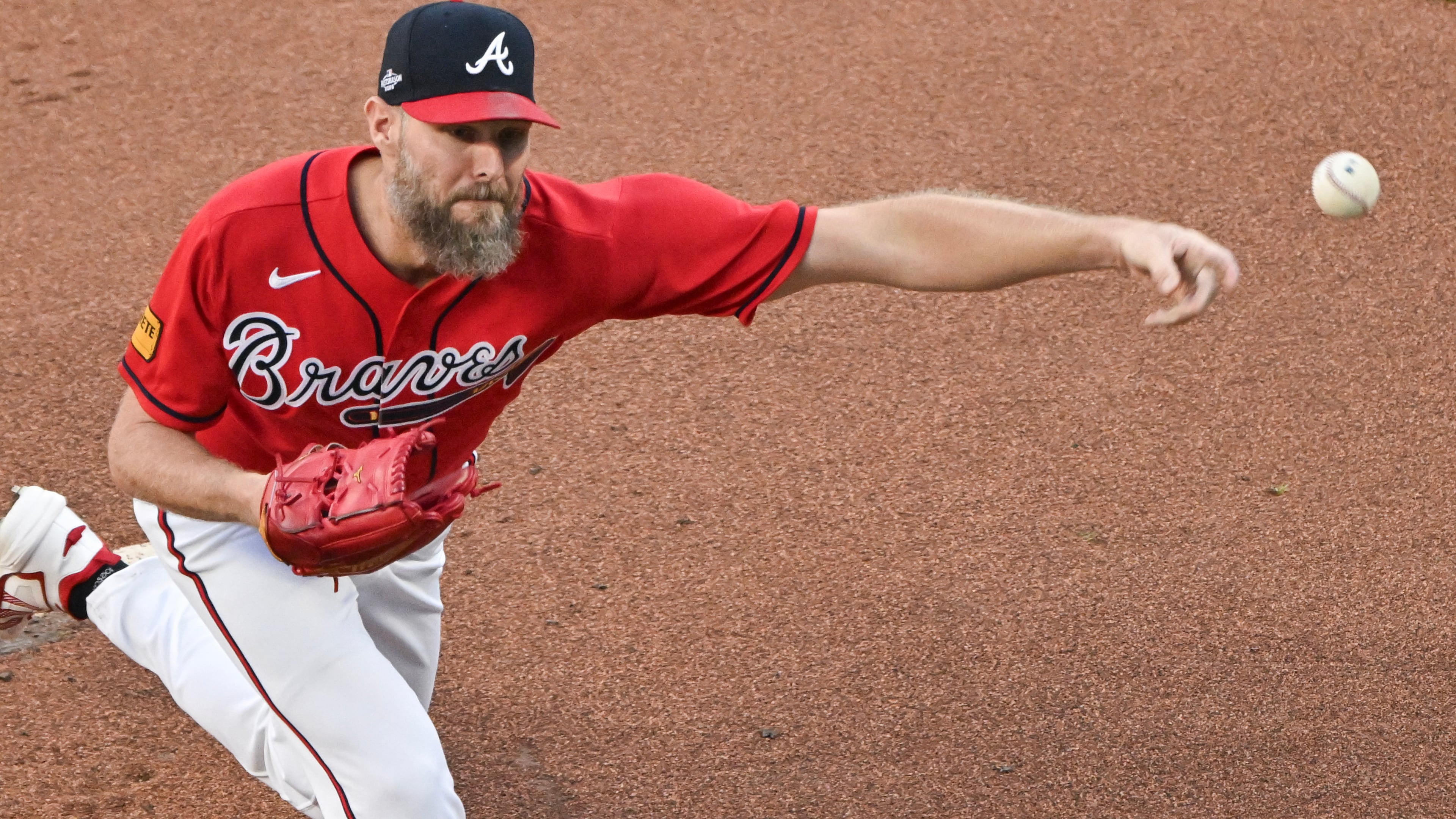 Braves pitcher Chris Sale delivers to a Los Angeles Dodgers batter in Game 3 of the National League Division Series on Tuesday, Oct. 6, 2026, in Atlanta. He is under contract through 2028 and continues to be the ace of the staff. (Hyosub Shin/AJC)