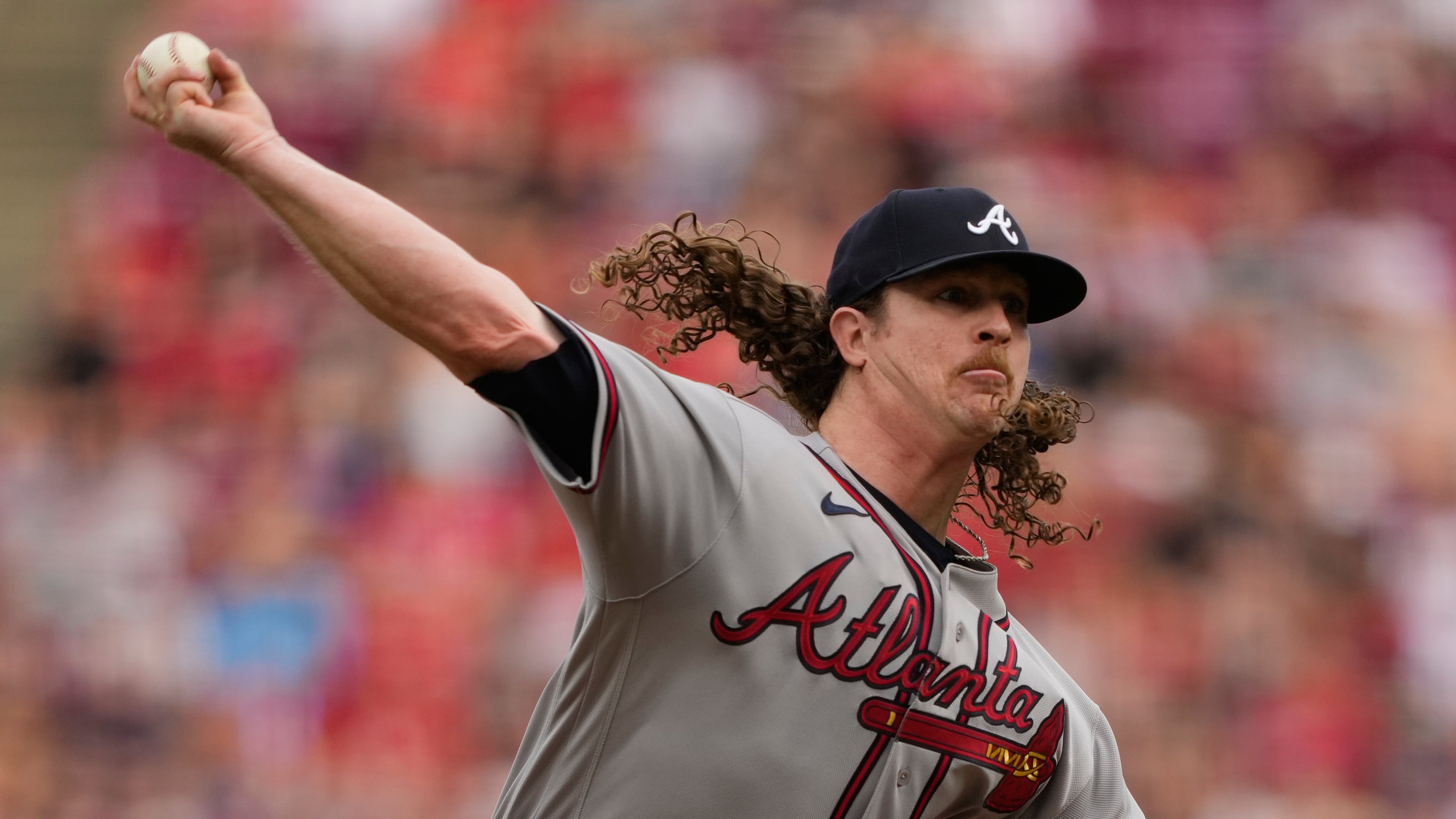 Atlanta Braves pitcher Grant Holmes throws during the first inning of a baseball game against the Cincinnati Reds in Cincinnati, Friday, May 29, 2026. (AP Photo/Carolyn Kaster)