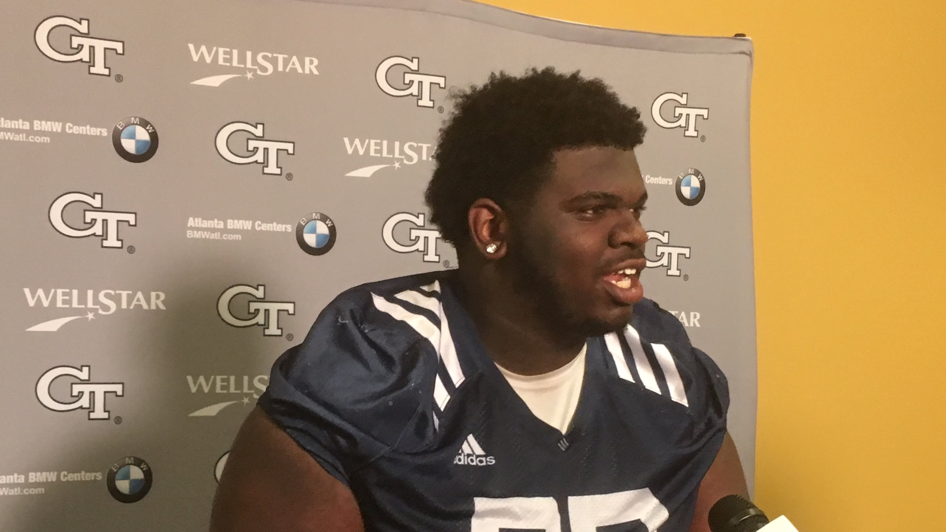 Georgia Tech coach Paul Johnson said that nose tackle Brandon Adams is creating push and negative plays for the defense and is "getting better and better." (AJC photo by Ken Sugiura)