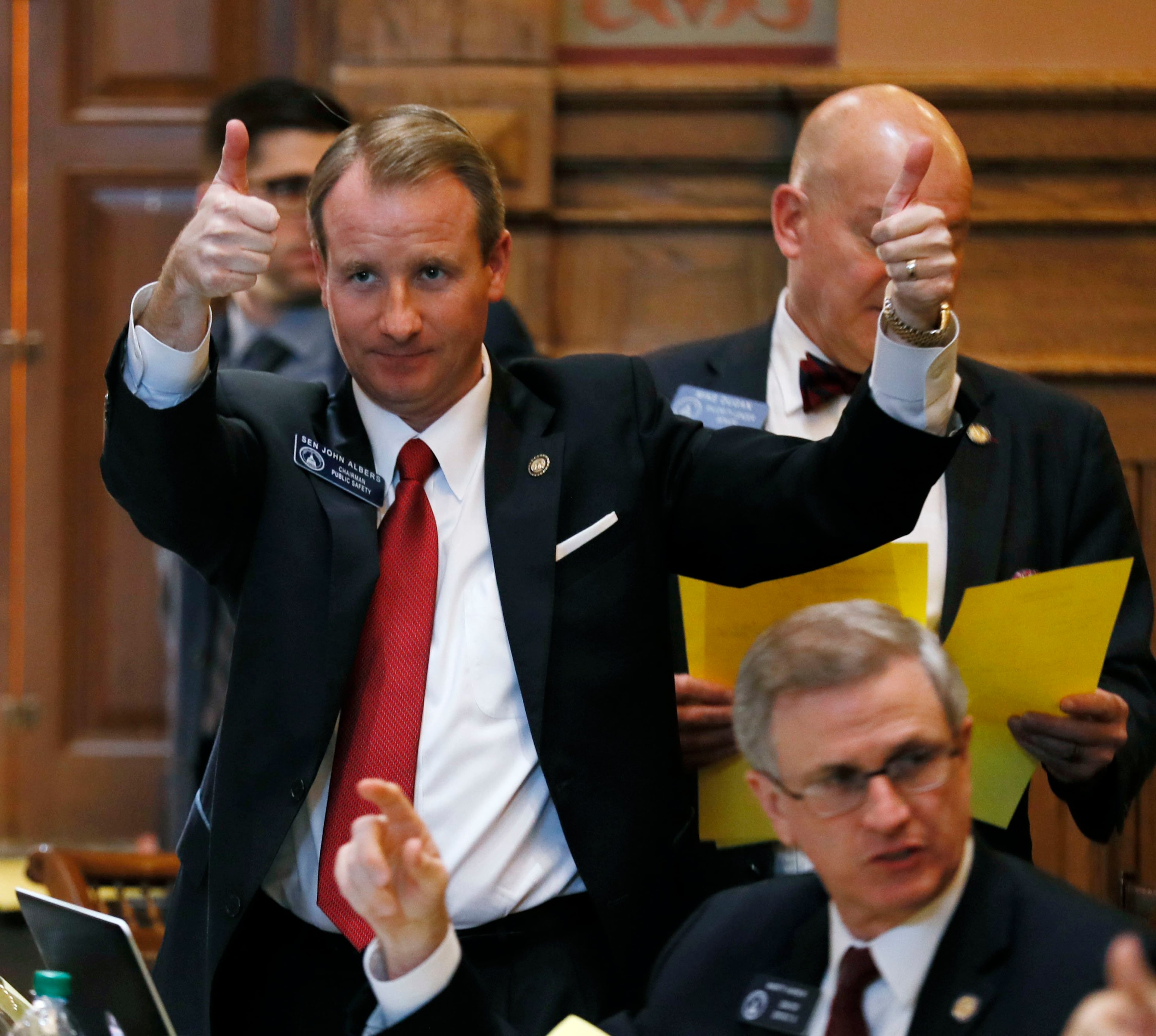 March 7, 2019 - Atlanta - Sen. John Albers, R - Roswell, urges a yes vote on one of multiple amendments on a bill by State Sen. Burt Jones that would give the state control of Hartsfield-Jackson airport. The Georgia Senate voted Thursday to approve a measure that would give the state control of Hartsfield-Jackson airport. The legislature was in session for "crossover" day, the 28th day of the 2019 General Assembly. Bob Andres / bandres@ajc.com
