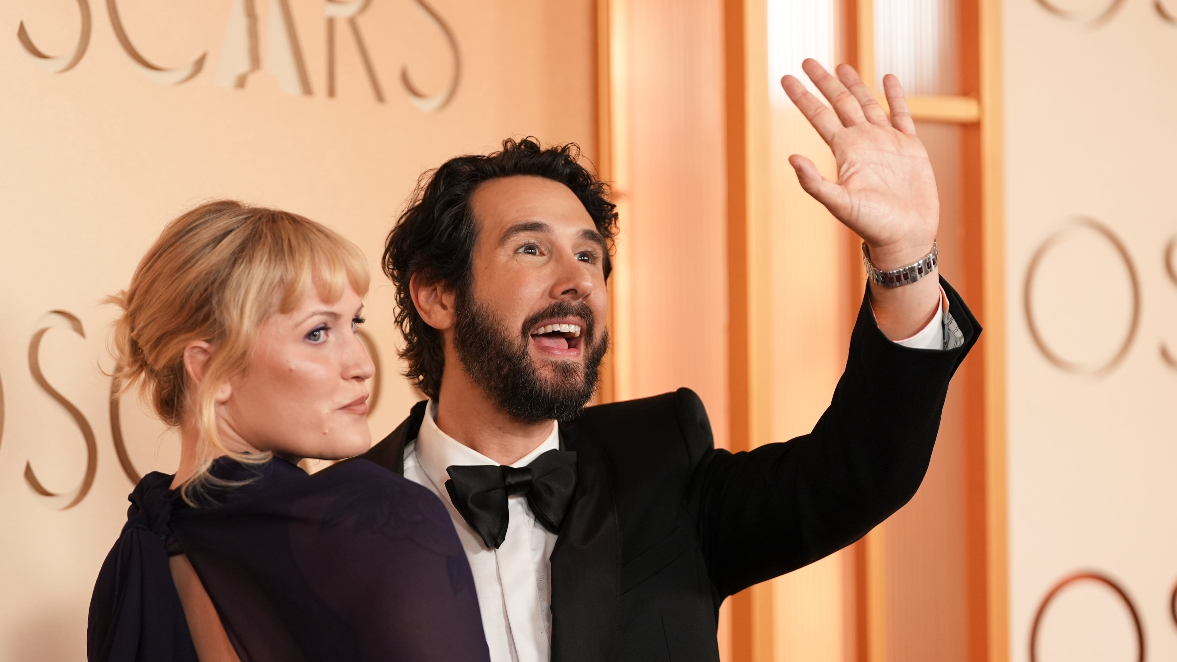 Natalie McQueen (left) and Josh Groban arrive at the Oscars on Sunday, March 15, 2026, at the Dolby Theatre in Los Angeles. (Gregory Bull/AP)