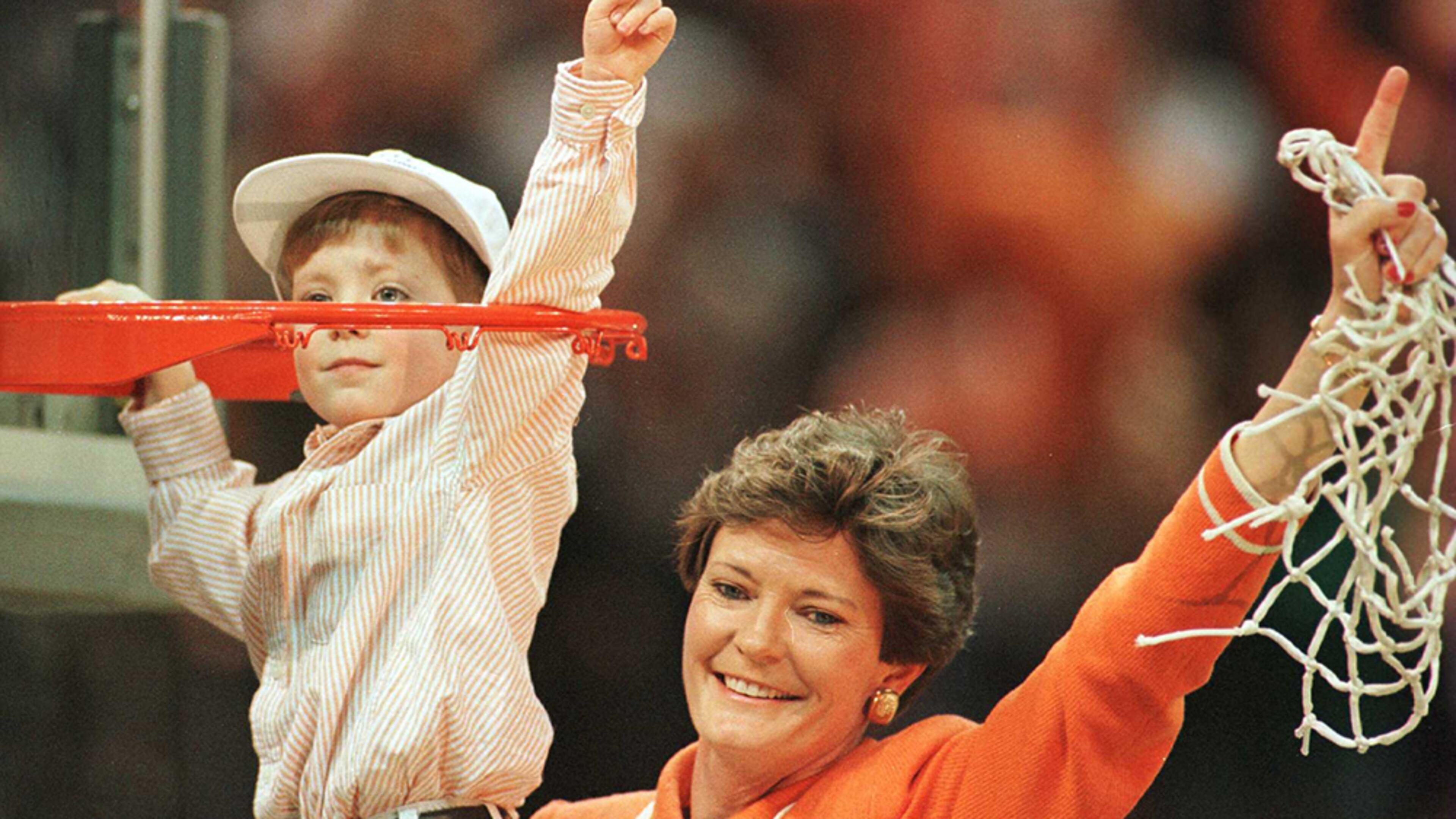 Pat Summitt, celebrating with her son, Tyler, won eight NCAA women's basketball championships (1987, 1989, 1991, 1996, 1997, 1998, 2007 and 2008) at Tennessee.