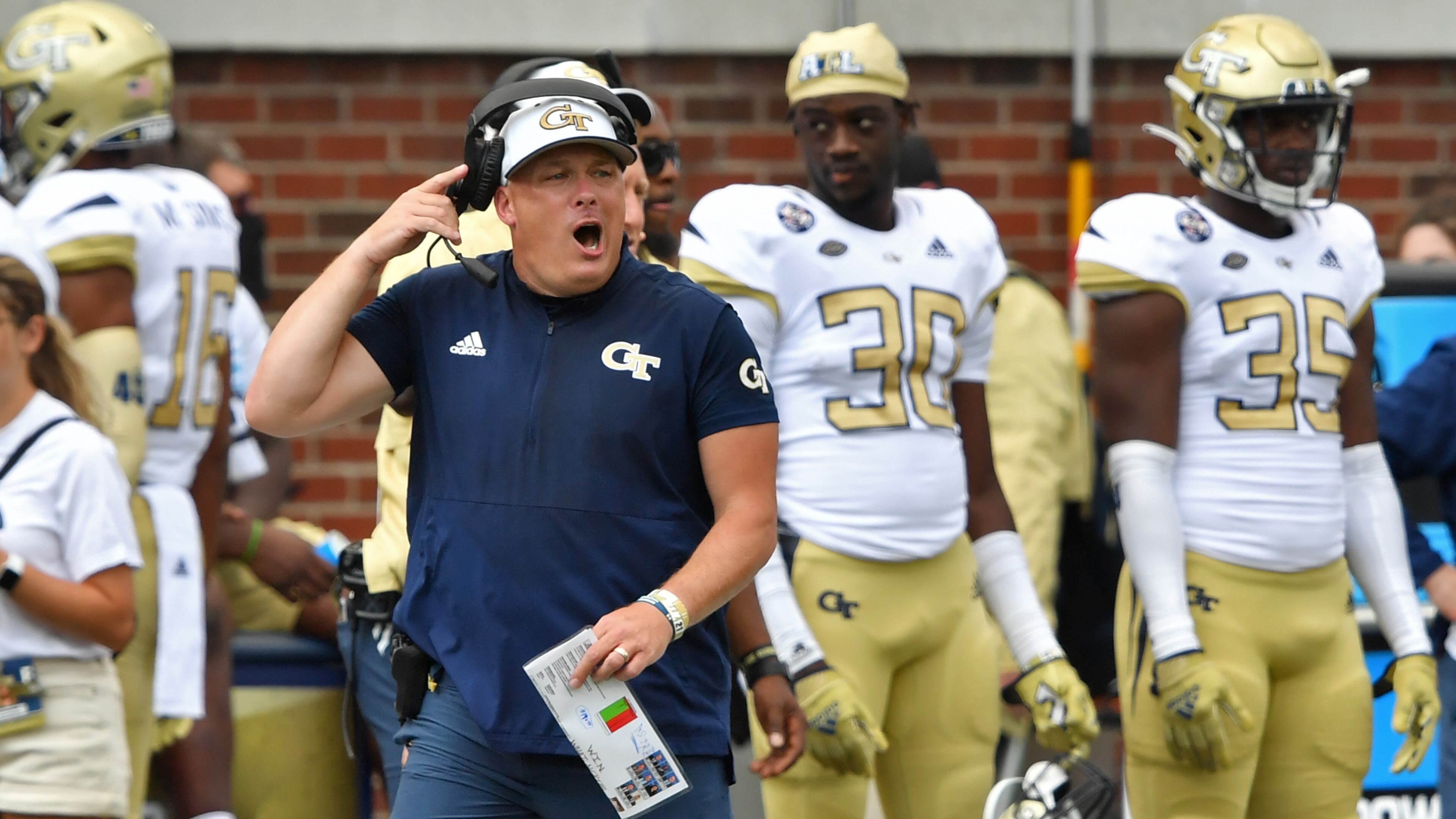 Georgia Tech head coach Geoff Collins shouts instructions during the second half against Kennesaw State Saturday, Sept. 11, 2021, at Dodd Stadium in Atlanta. The Yellow Jackets won 45-17. (Hyosub Shin / Hyosub.Shin@ajc.com)
