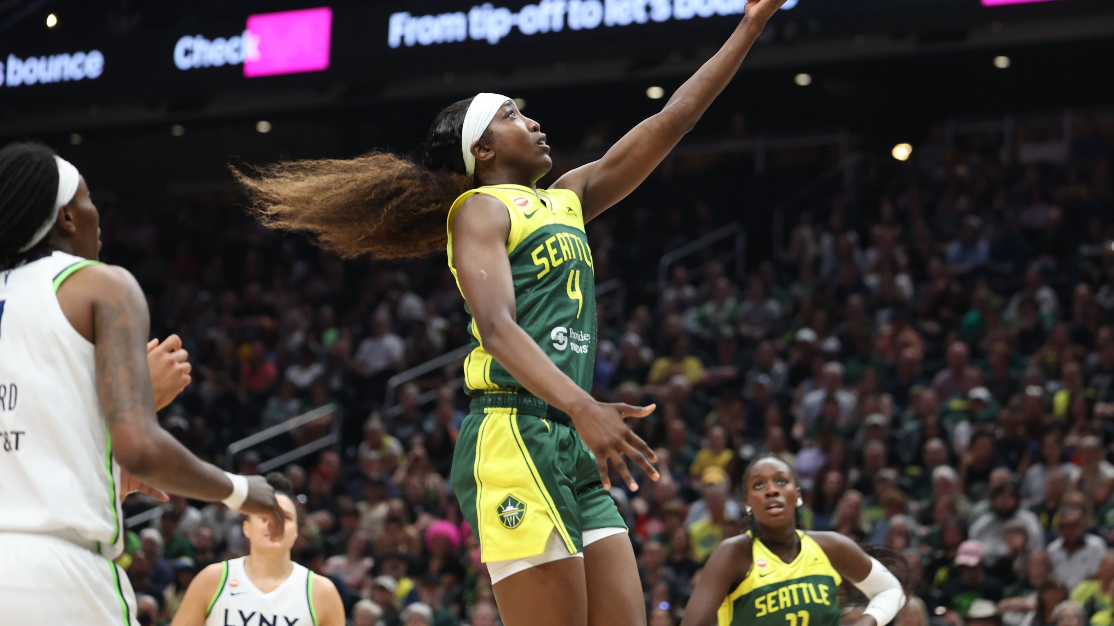 Seattle Storm guard Flau'jae Johnson goes for a layup against the Minnesota Lynx during the first half of a WNBA basketball game Monday, July 20, 2026, in Seattle. (Dean Rutz/The Seattle Times via AP)