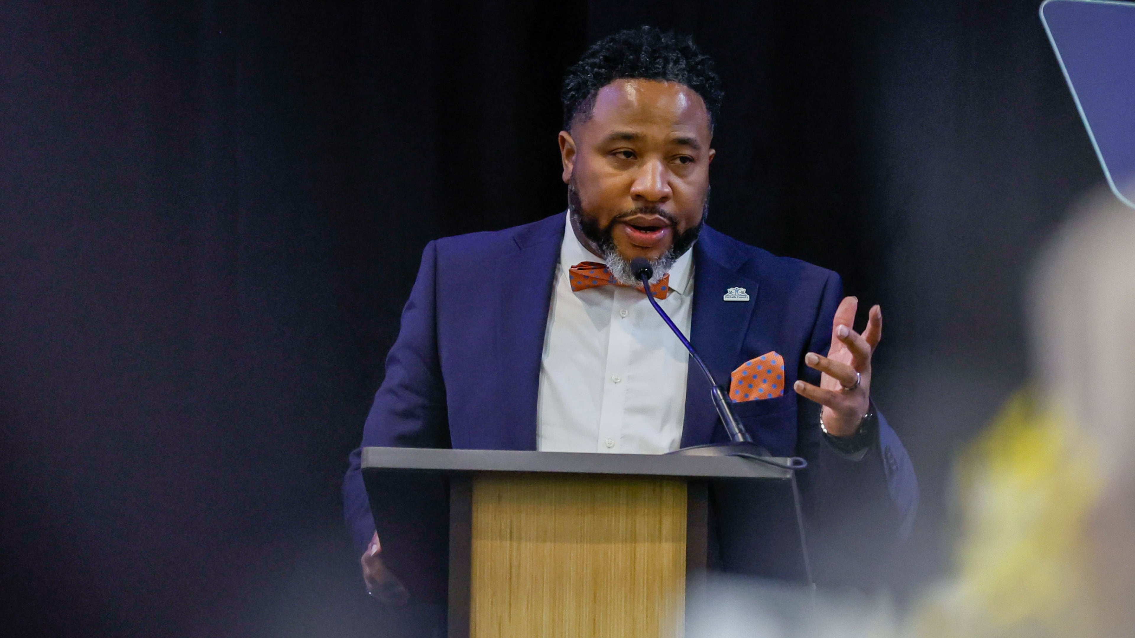 Dekalb County Superintendent Devon Horton delivers his State of the District Address at the Courtyard Marriott in downtown Decatur on Thursday, March 14, 2024. This week, Horton apologized to several hundreds employees whose pay was late. (Miguel Martinez/AJC)