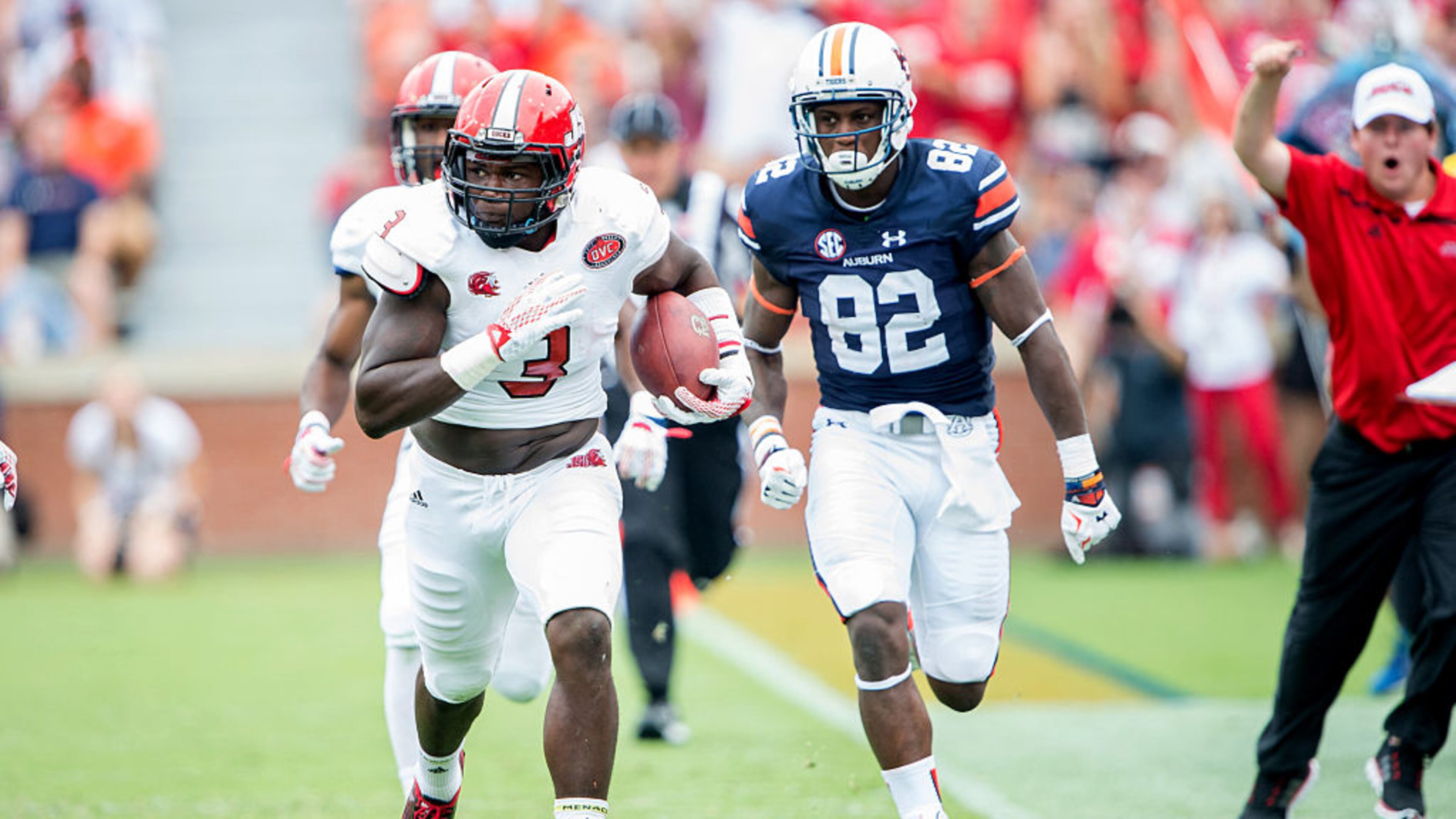 AUBURN, AL - SEPTEMBER 12: Linebacker Joel McCandless #3 of the Jacksonville State Gamecocks runs the ball down the sidelines after intercepting the ball during their game against the Auburn Tigers on September 12, 2015 at Jordan-Hare Stadium in Auburn, Alabama. (Photo by Michael Chang/Getty Images)
