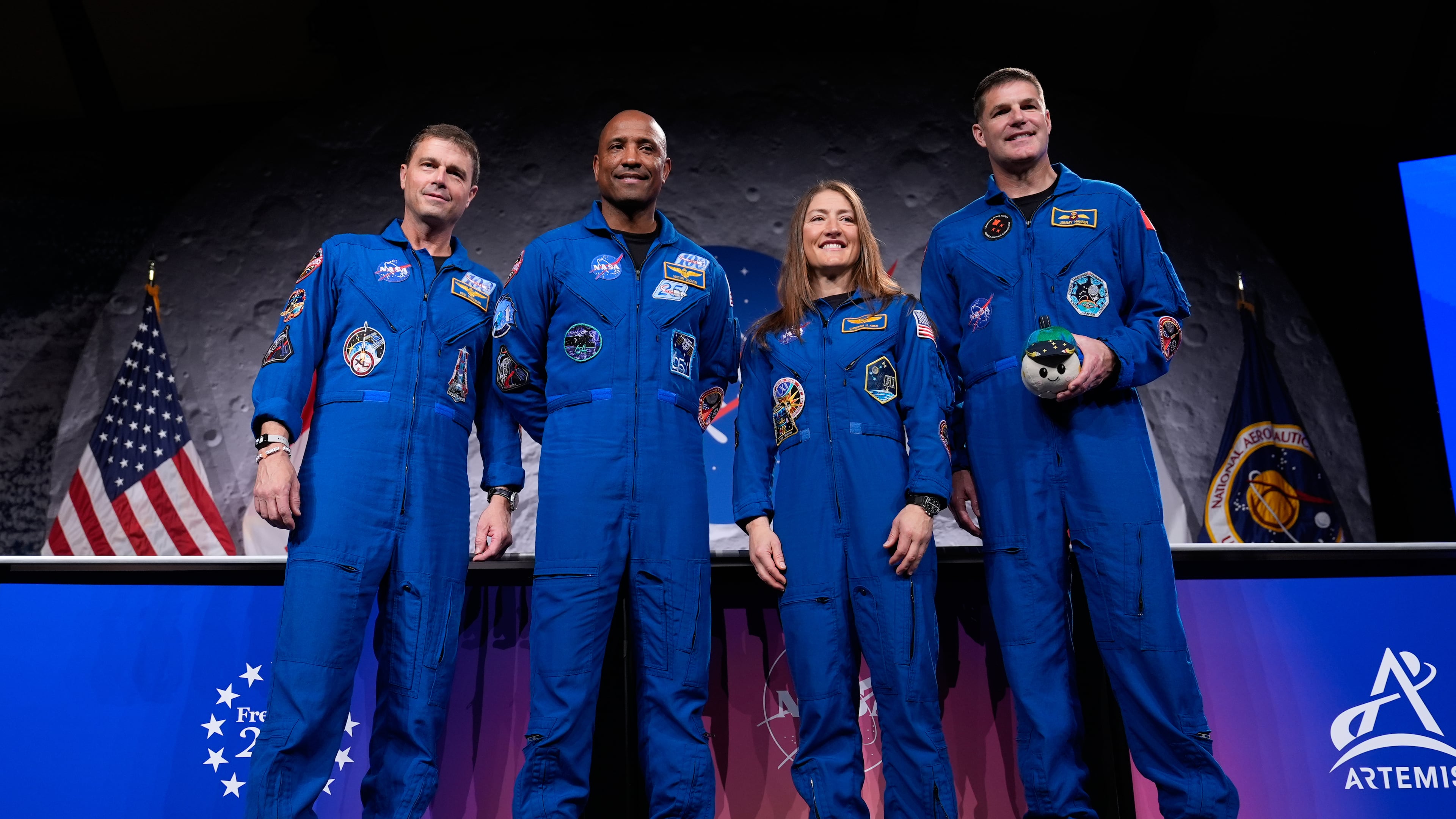 NASA's Artemis II crew - NASA astronauts Reid Wiseman, Victor Glover, and Christina Koch, and Canadian Space Agency (CSA) astronaut Jeremy Hansen pose for a photo during a press conference on Thursday, April 16, 2026, in Houston. (AP Photo/Ashley Landis)