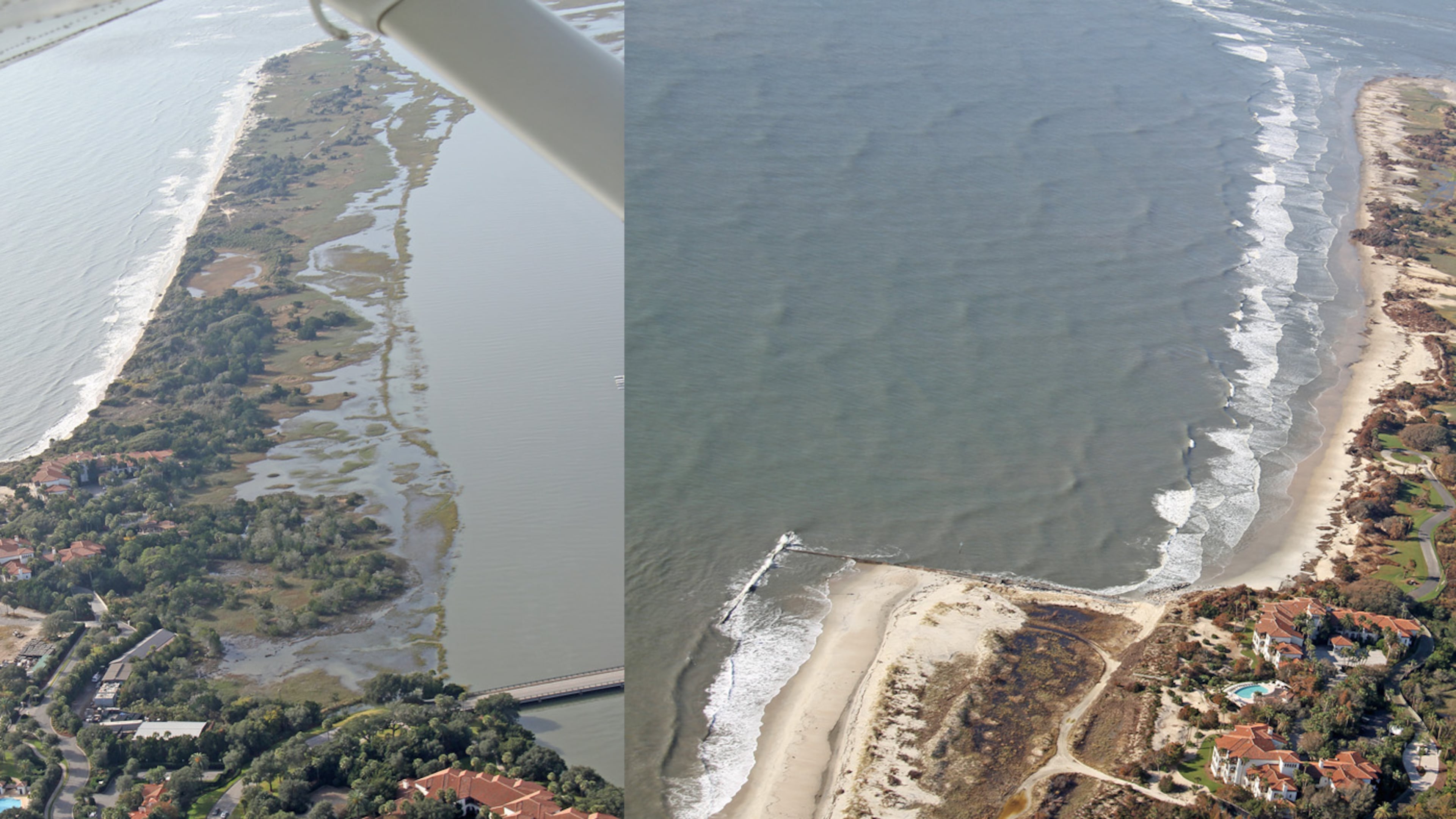 The spit at Sea Island on Dec. 14, 2013, (left) and Sept. 18, 2017.