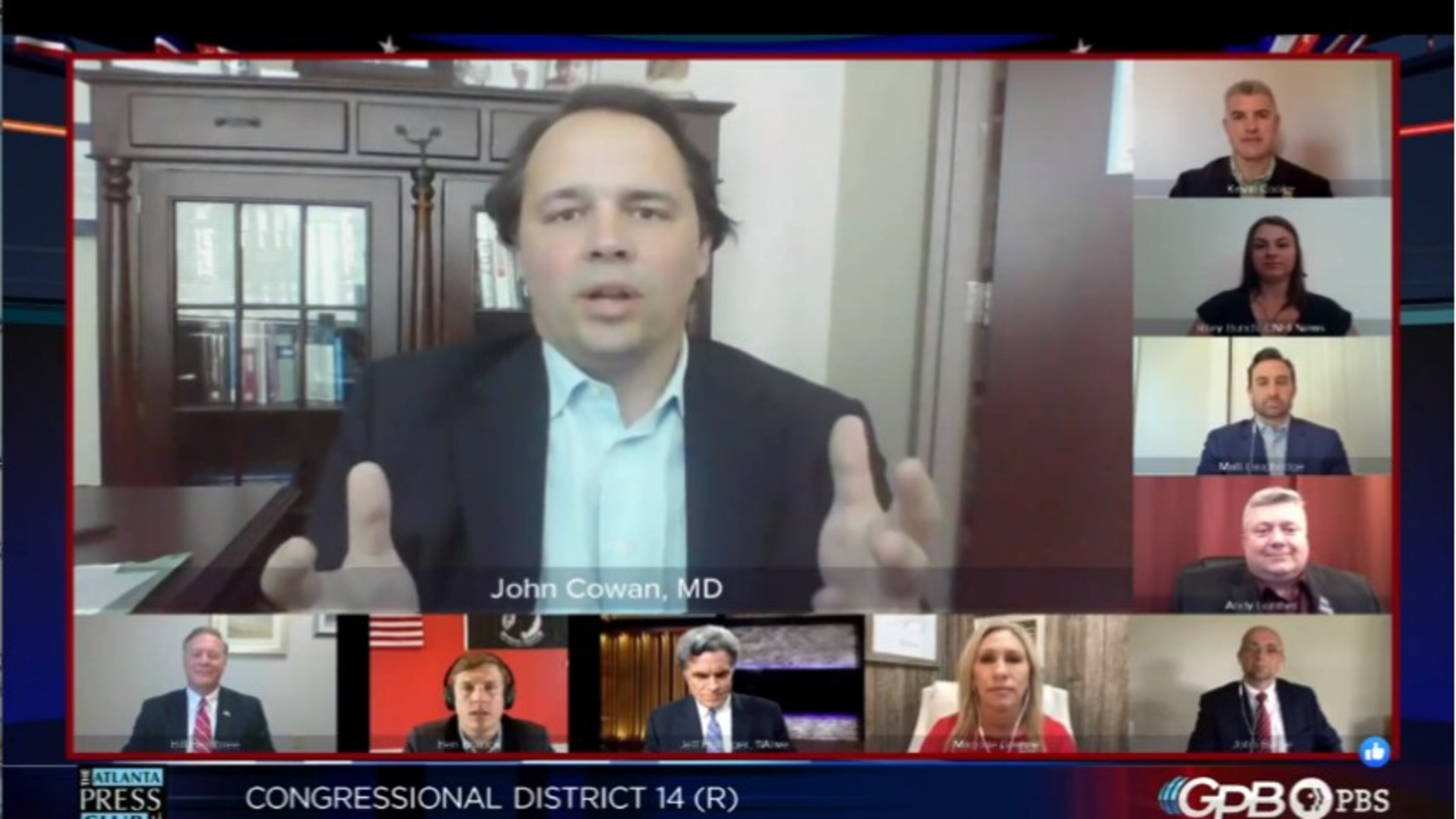 Screenshot of Republican candidates for Georgia's 14th Congressional District participating in a debate hosted by The Atlanta Press Club on May 4, 2020.