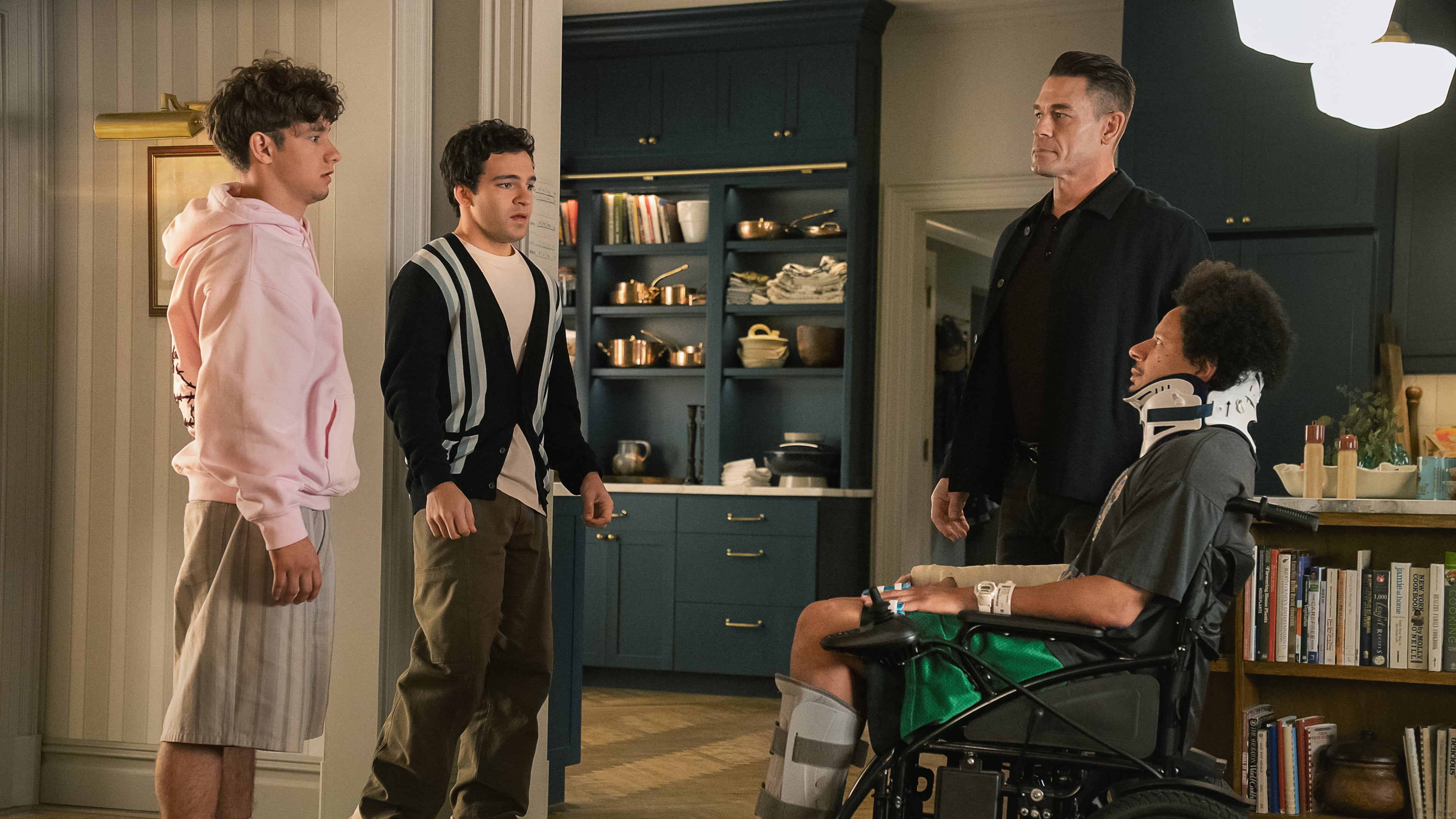 In the Netflix film "Little Brother," Pilot Bunch as Shane, Bryce Gheisar as Cory, John Cena as Rudd, Eric Andre as Marcus. (Courtesy of Clifton Prescod/Netflix)