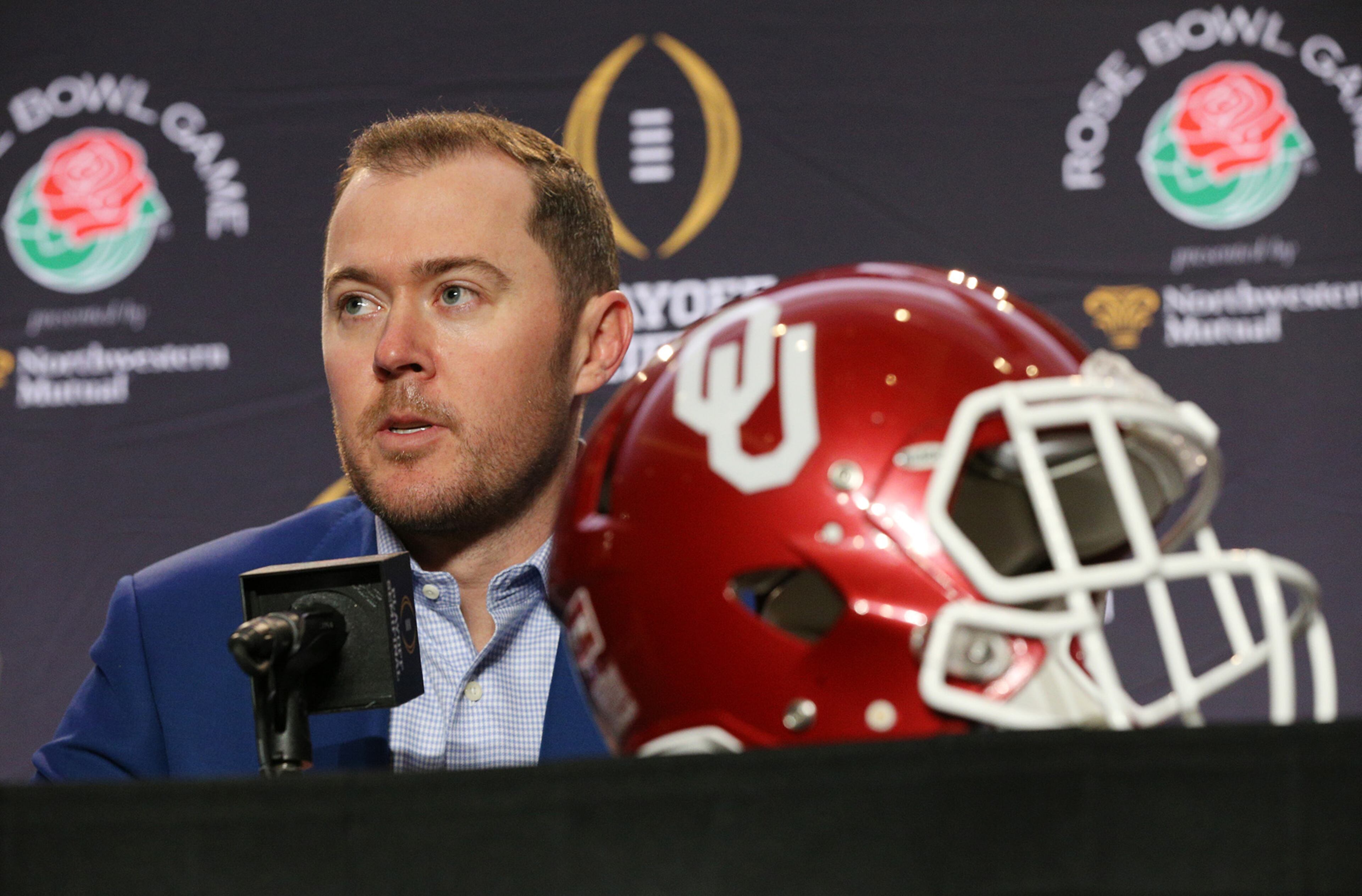 December 31, 2017 Los Angeles: Oklahoma head coach Lincoln Riley takes questions during the head coach press conference for the Rose Bowl on Sunday, December 31, 2017, in Los Angeles. Curtis Compton/ccompton@ajc.com