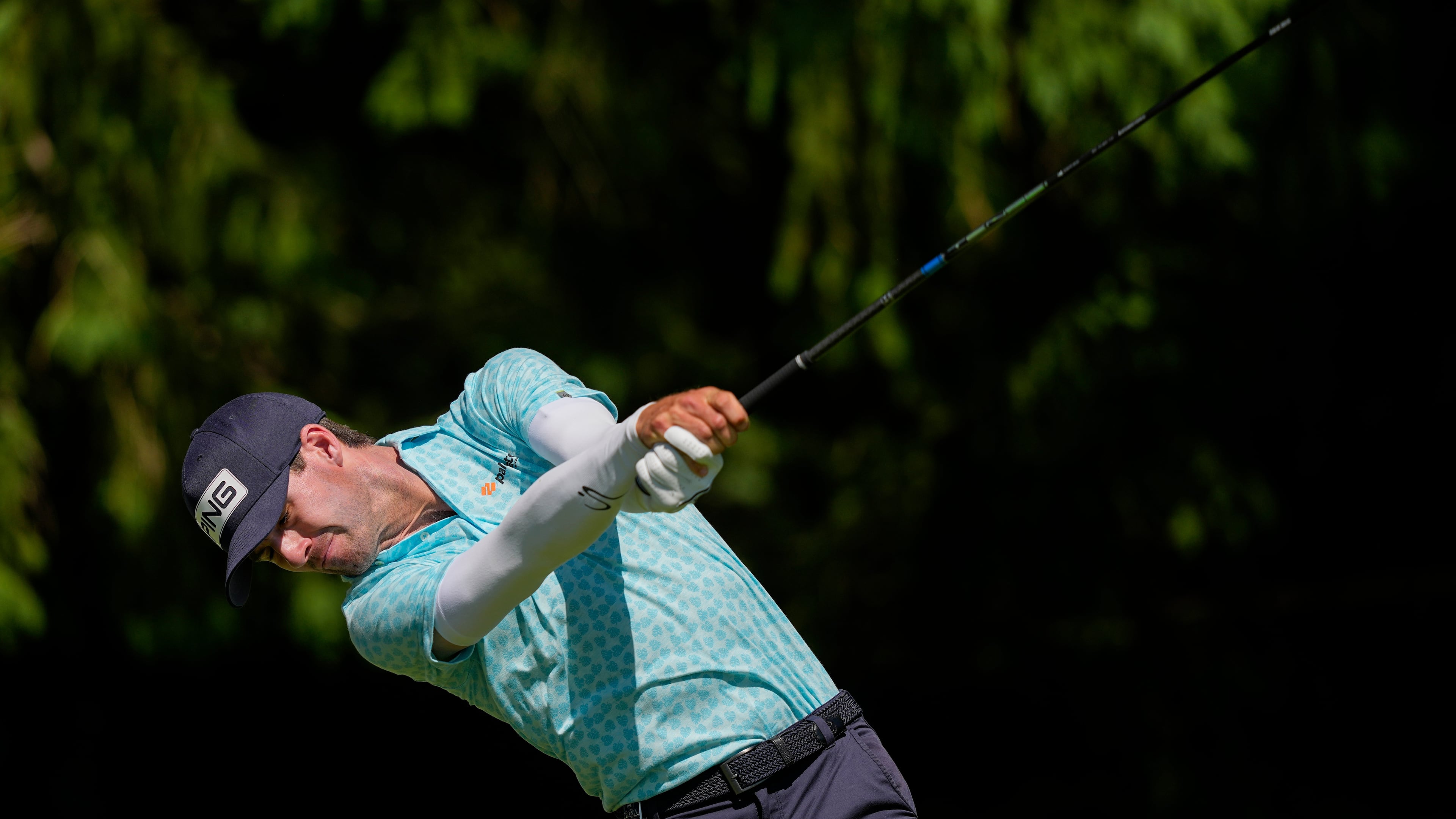 Alex Smalley hits from the fourth tee during the third round of the PGA Championship golf tournament at Aronimink Golf Club, Saturday, May 16, 2026, in Newtown Square, PA. (AP Photo/Carolyn Kaster)