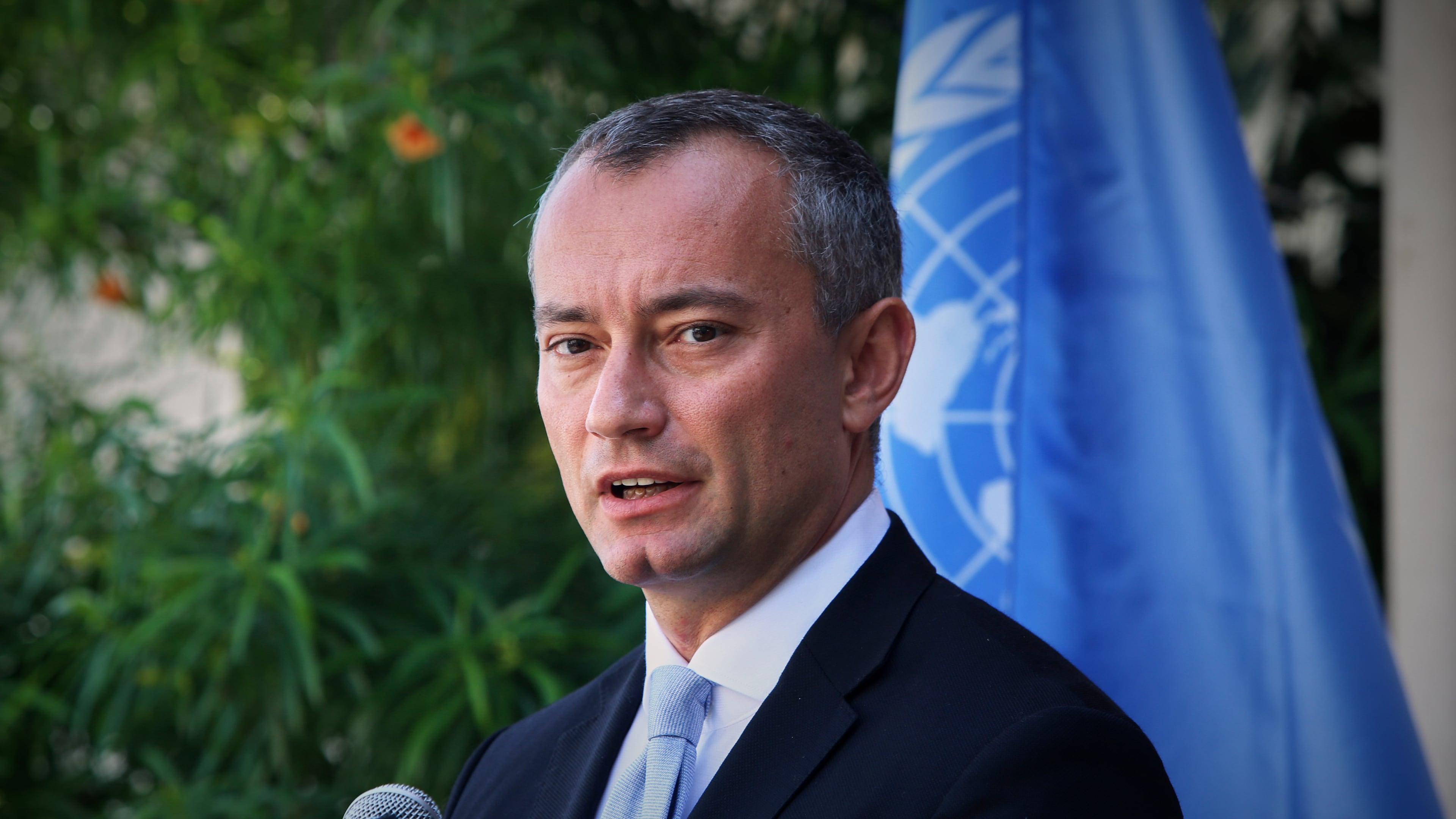 CORRECTED NAME SPELLING - FILE - United Nations Special Coordinator for the Middle East Peace Process Nickolay Mladenov attends a press conference at the (UNSCO) offices in Gaza City, Sept. 25, 2017. (AP Photo/Adel Hana, File)