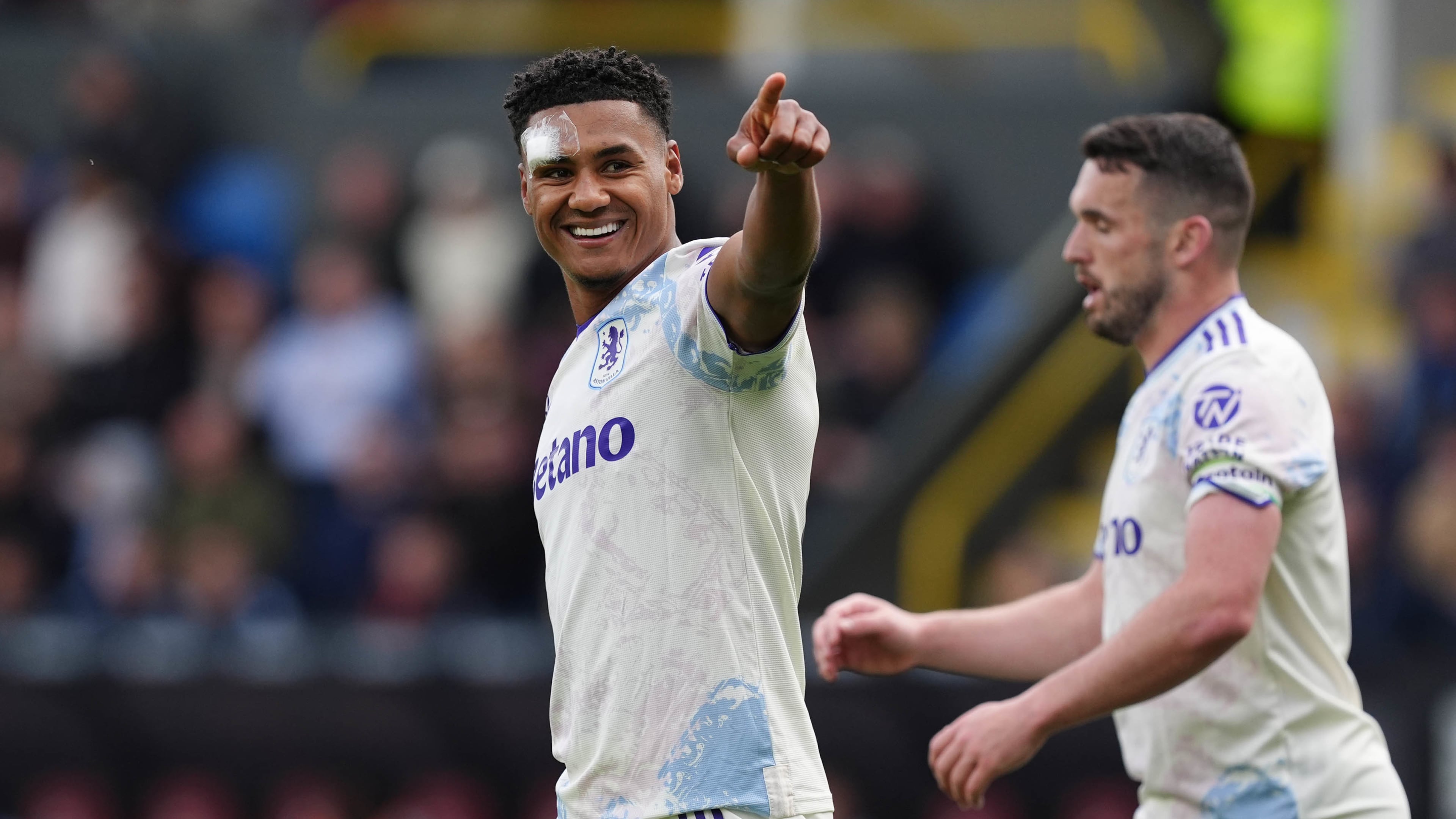 Aston Villa's Ollie Watkins celebrates scoring during the English Premier League soccer match between Burnley and Aston Villa in Burnley, England, Sunday May 10, 2026. (Martin Rickett/PA via AP)