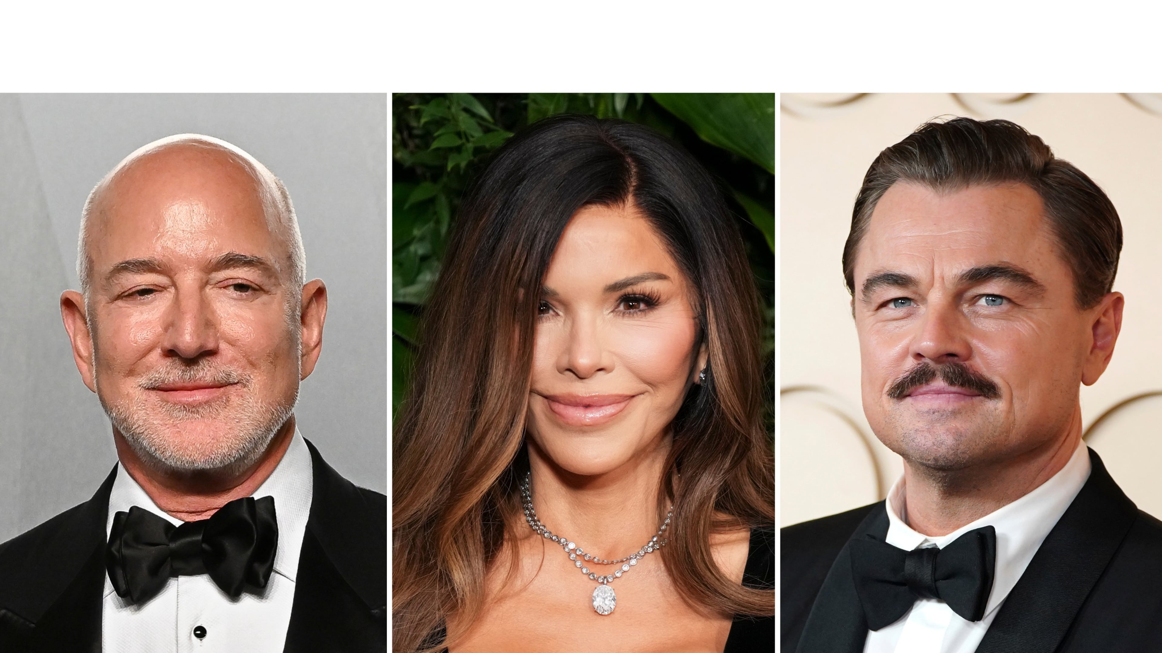 Jeff Bezos appears at the Vanity Fair Oscar Party in Los Angeles on March 15, 2026, left, Lauren Sanchez Bezos appears at Chanel's 16th Annual Pre-Oscar Awards Dinner in Beverly Hills, Calif., on March 1, 2025, center, and Leonardo DiCaprio appears at the Oscars in Los Angeles on March 15, 2026. (AP Photo)