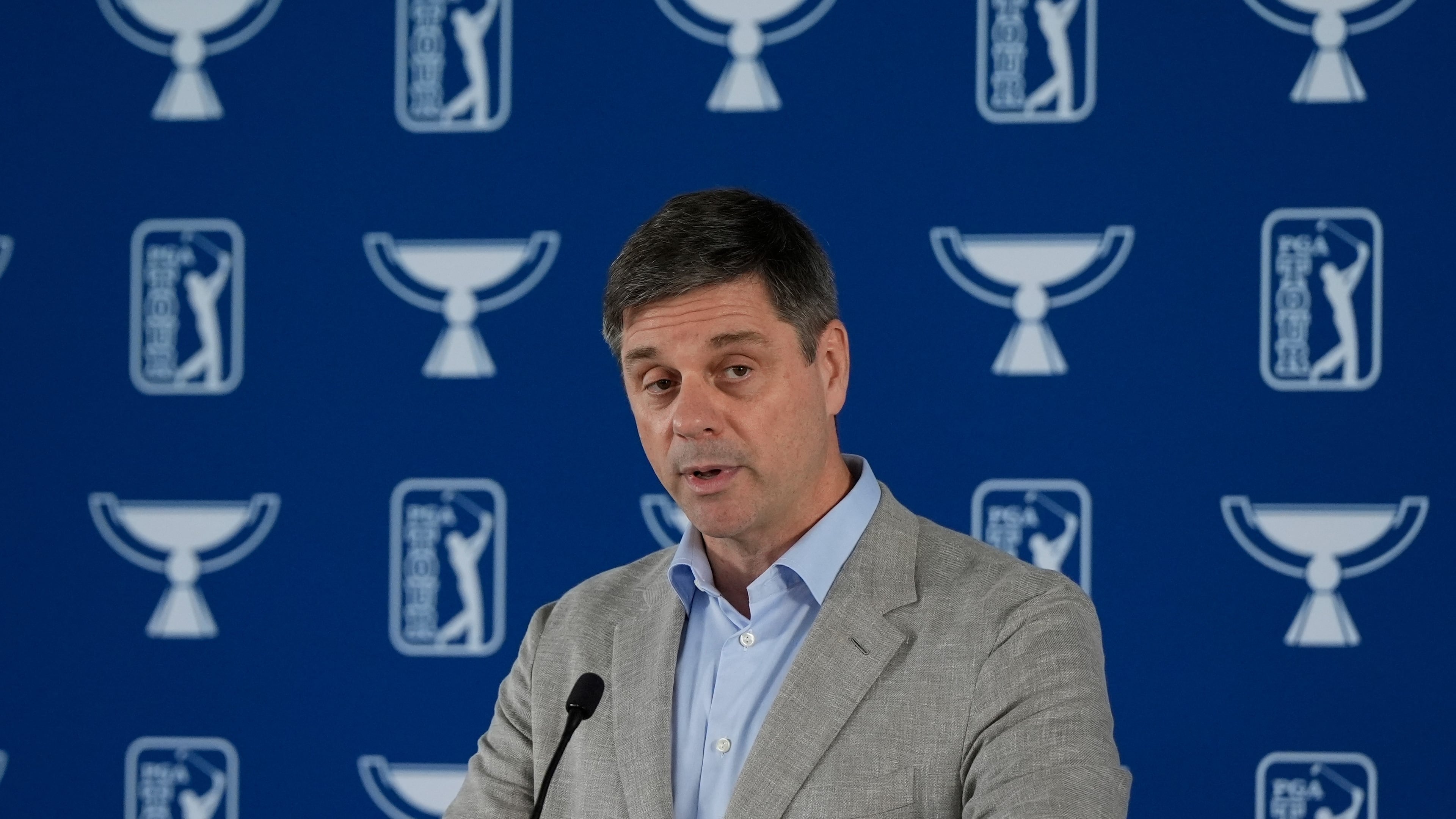 FILE - PGA Tour CEO Brian Rolapp speaks at the Tour Championship golf tournament, Wednesday, Aug. 20, 2025, in Atlanta. (AP Photo/Mike Stewart, File)