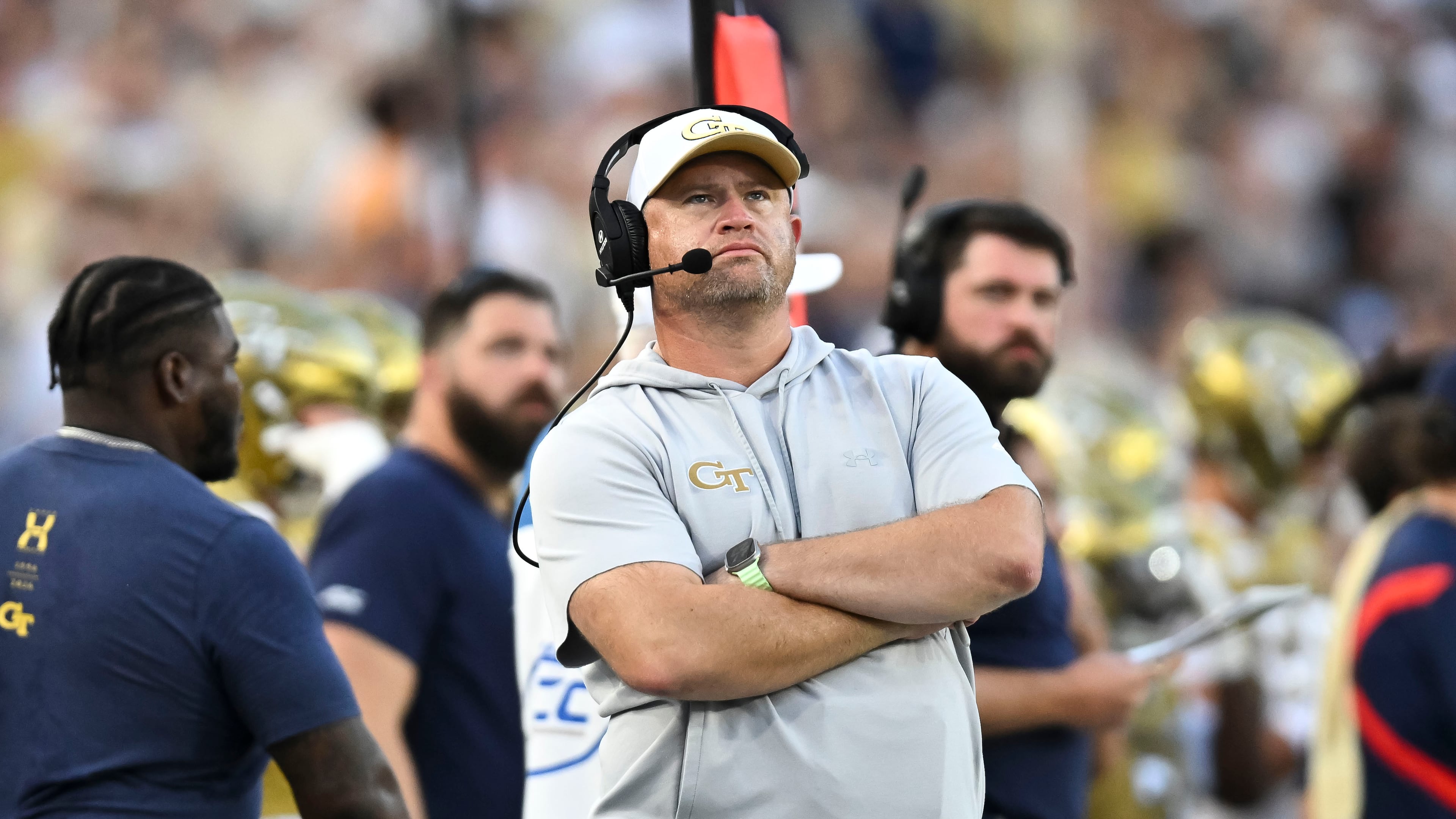 Georgia Tech head coach Brent Key watches the Yellow Jackets play against the Tennessee Volunteers during the first half of an NCAA college football game against, Saturday, Sept. 12, 2026, in Atlanta. (AP Photo/Daniel Varnado)