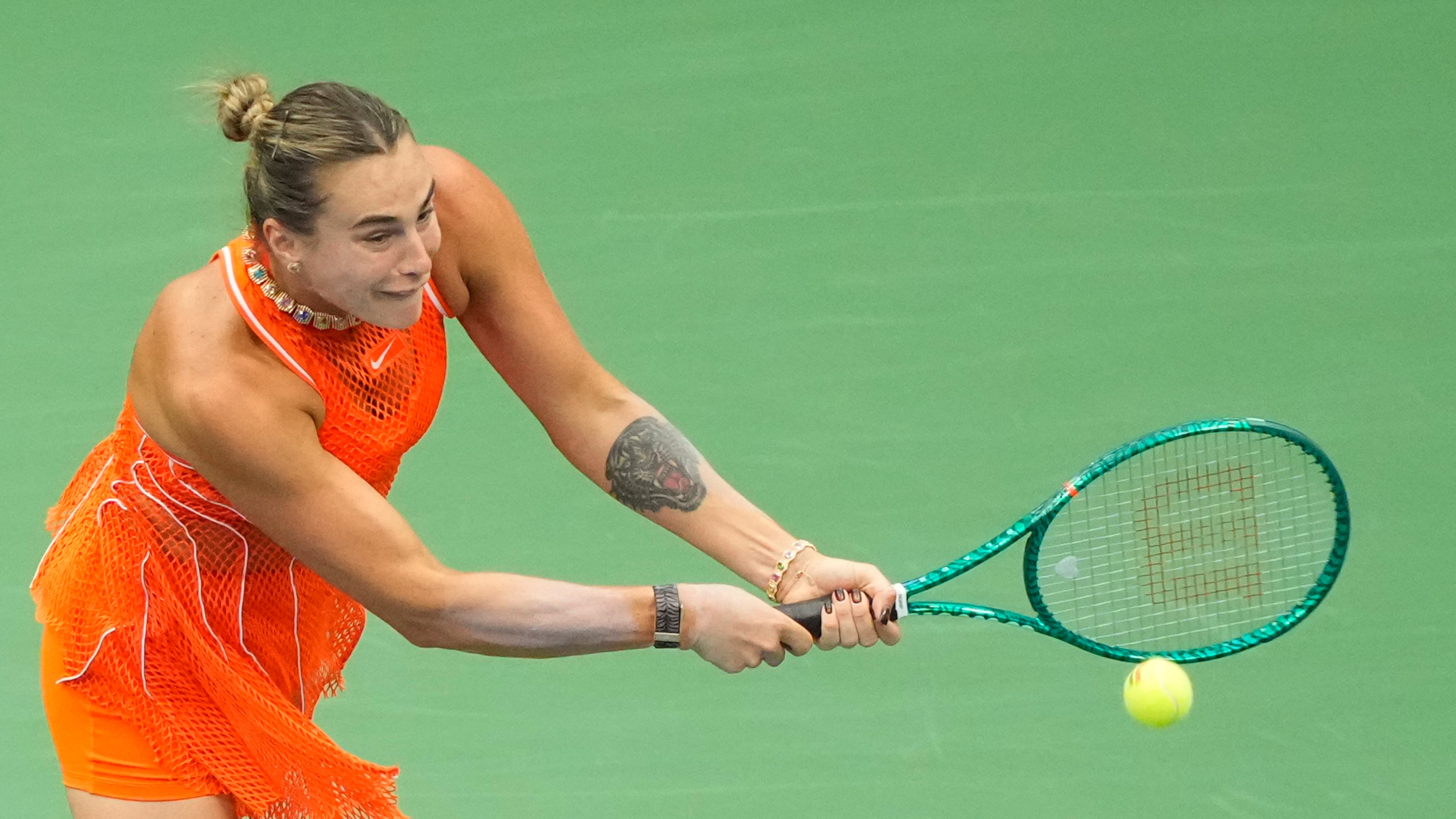 Aryna Sabalenka, of Belarus, returns the ball to Taylor Townsend, of the United States, during the fourth round of the U.S. Open tennis championships Sunday, Sept. 6, 2026, in New York. (AP Photo/Yuki Iwamura)