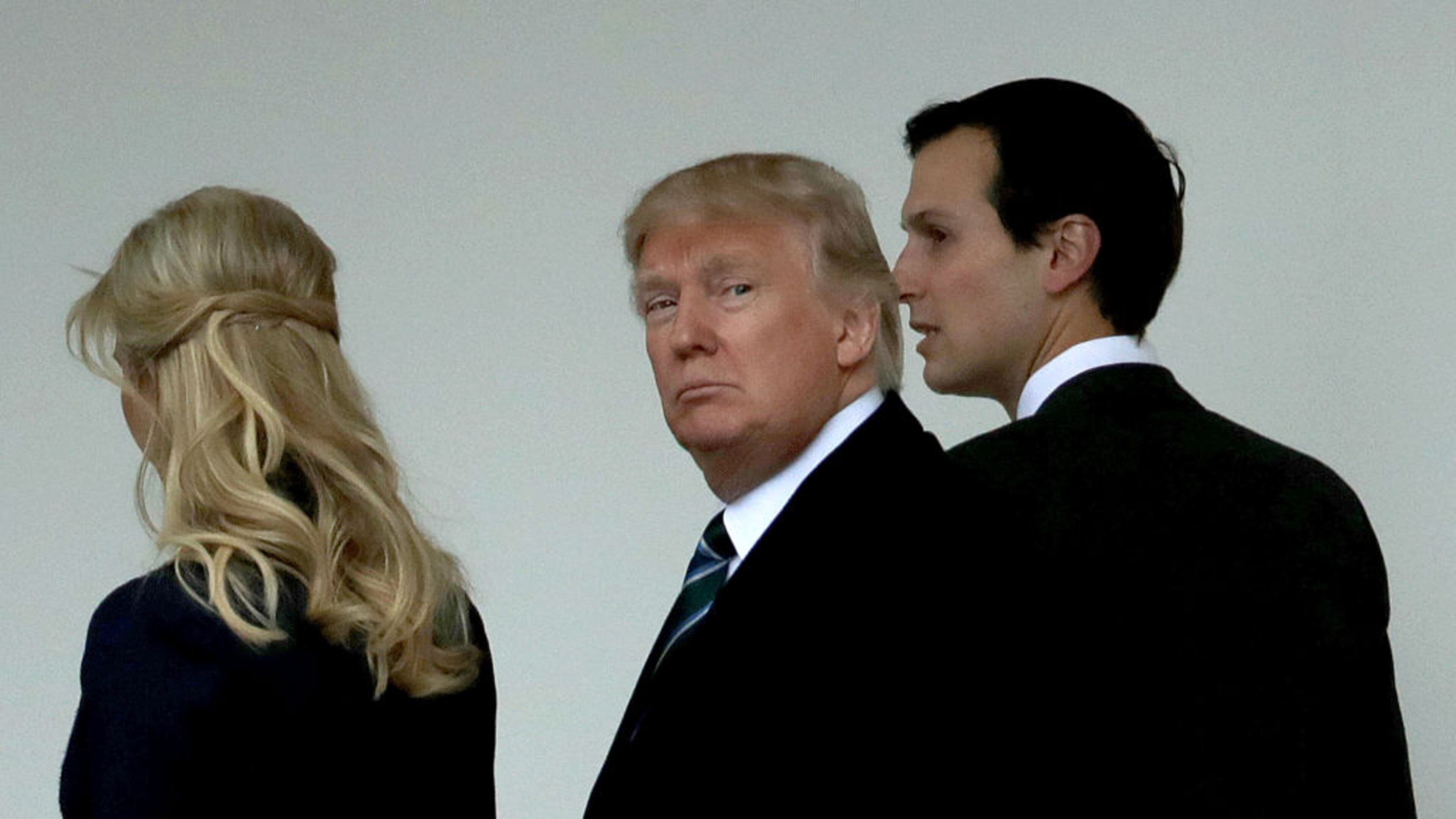 WASHINGTON, DC - MARCH 17: U.S. President Donald Trump (C) walks along the West Wing colonnade with his daughter Ivanka Trump (L) and his son-in-law and Senior Advisor to the President for Strategic Planning Jared Kushner before he departs the White House March 17, 2017 in Washington, DC. The first family is scheduled to spend the weekend at their Mar-a-Lago Club in Palm Beach, Florida. (Photo by Chip Somodevilla/Getty Images)