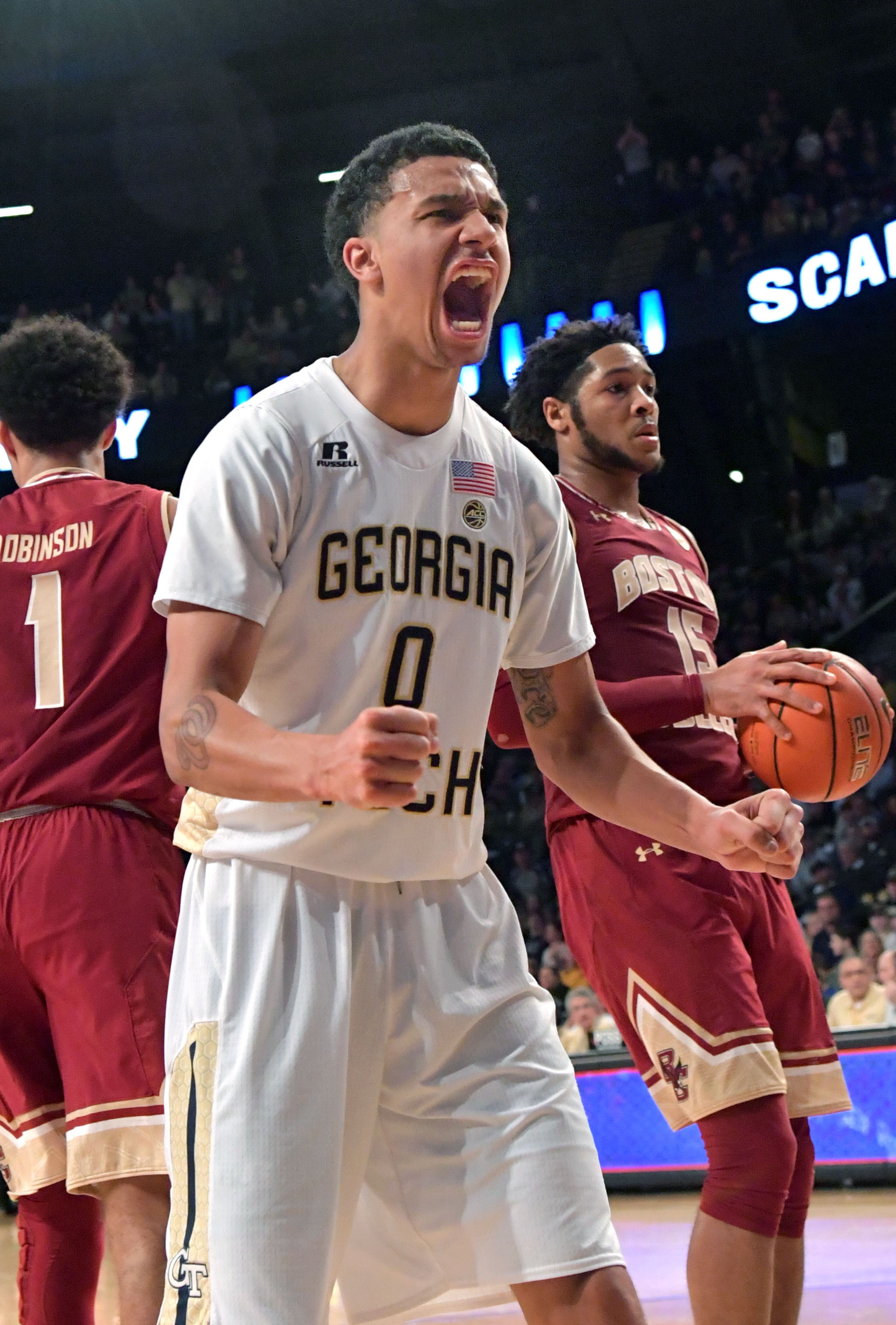 February 11, 2017 Atlanta - Georgia Tech's guard Justin Moore (0) reacts after he scored in a basketball game at McCamish Pavilion on Saturday, February 11, 2017. Georgia Tech won 65 - 54 over the Boston College. HYOSUB SHIN / HSHIN@AJC.COM