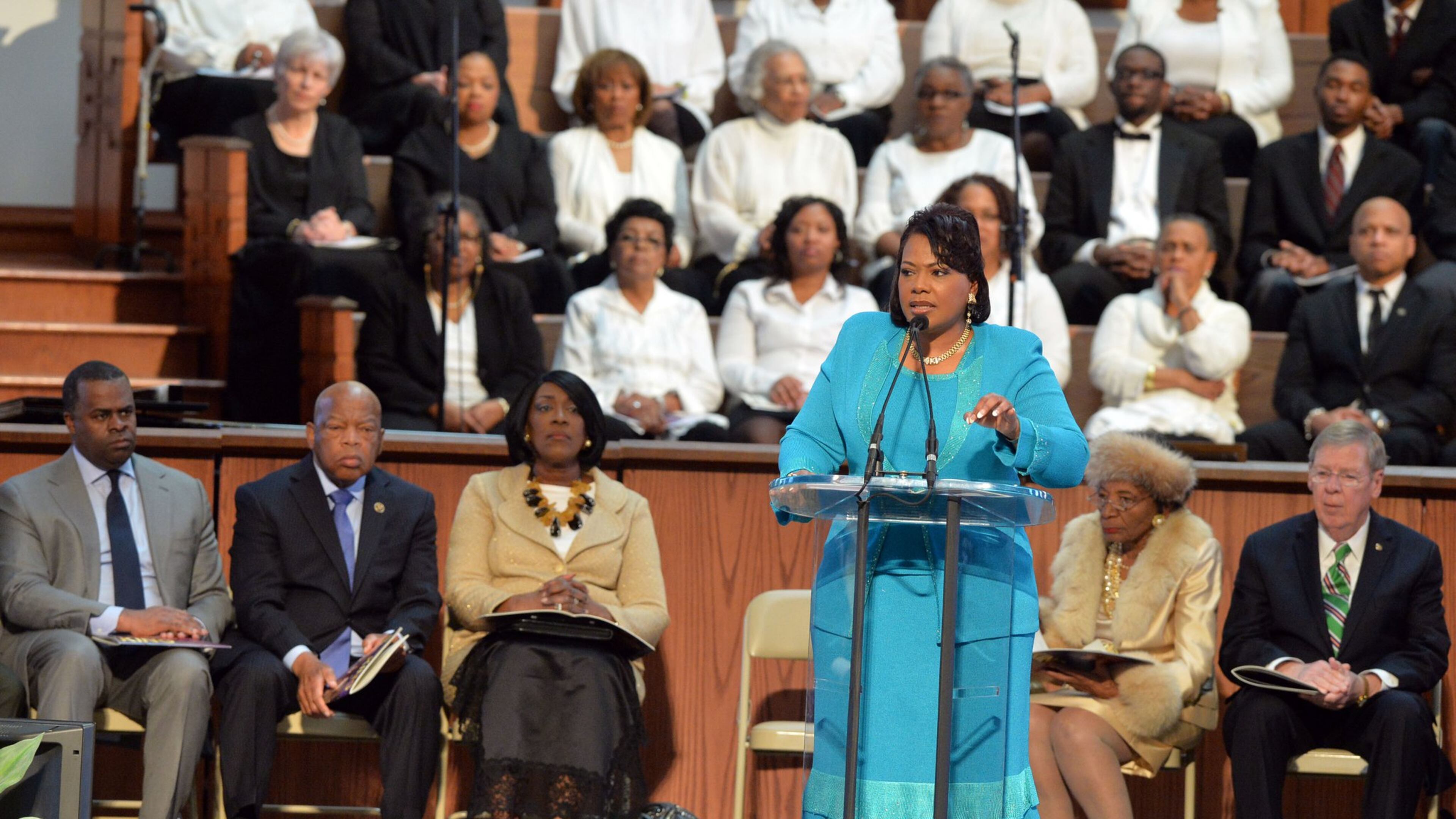 Bernice King, CEO of the King Center, is shown at the Martin Luther King Jr. Annual Commemorative Service at Ebenezer Baptist Church in Atlanta on Jan. 19, 2015. In a new interview, she spoke to The Atlanta Journal-Constitution about the meaning of the King holiday 30 years after it was first celebrated. KENT D. JOHNSON/ KDJOHNSON@AJC.COM