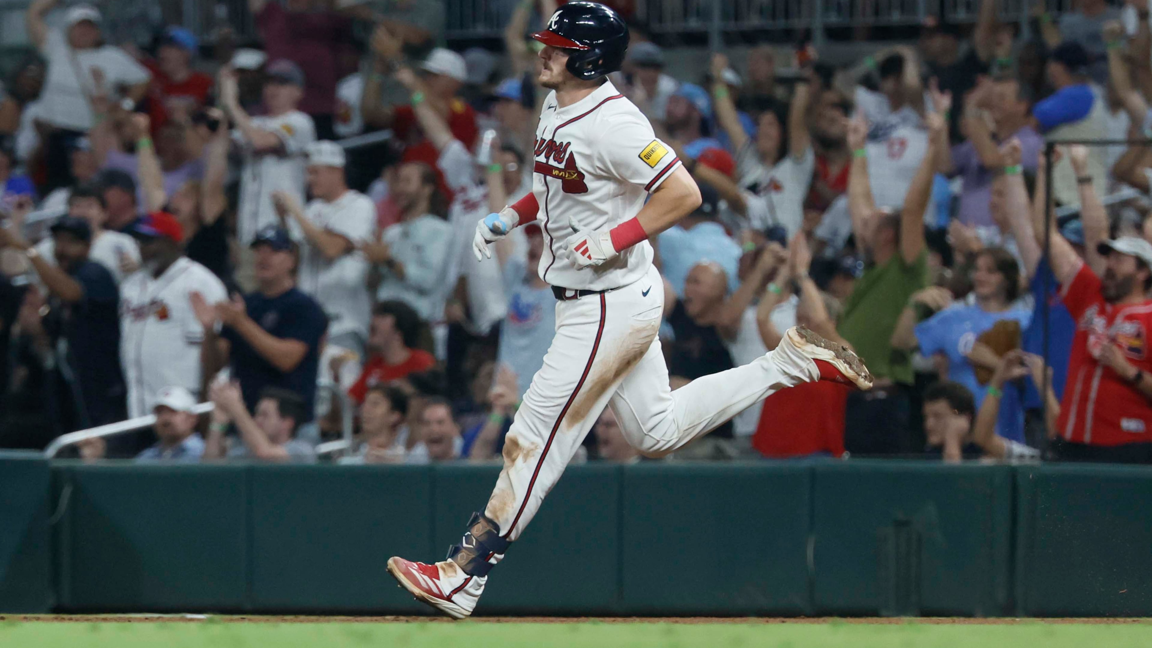 Braves catcher Sean Murphy rounds the bases after hitting a solo home run against the Dodgers on Wednesday, Aug. 26, 2026, at Truist Park in Atlanta. Anything Murphy does with the bat is a bonus to what he adds defensively. (Miguel Martinez/AJC)