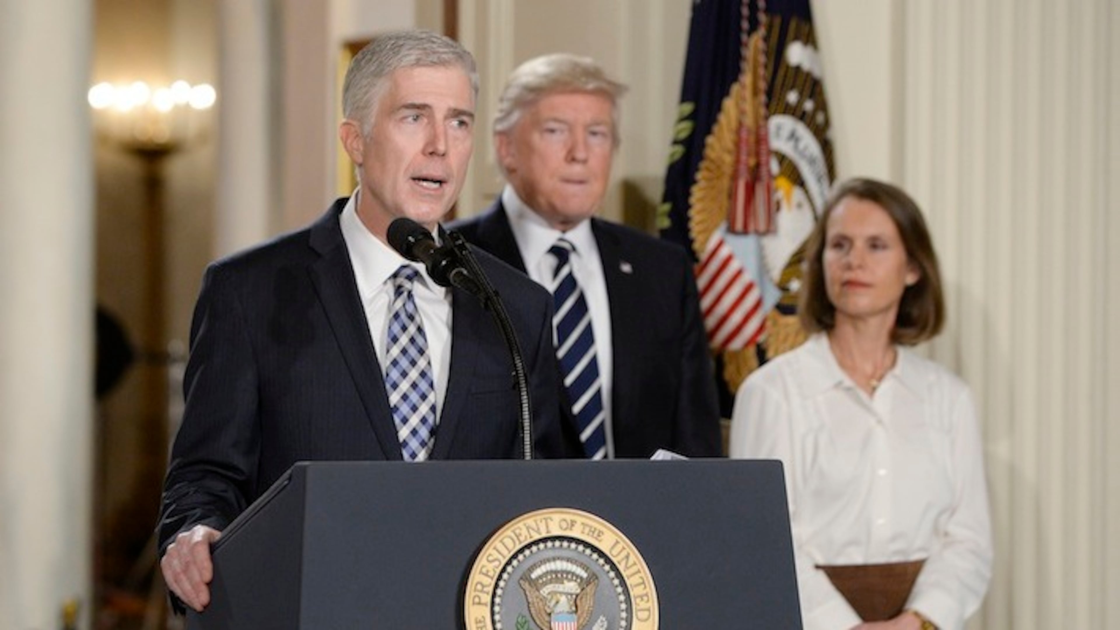 Supreme Court nominee Judge Neil M. Gorsuch speaks in the East Room of the of White House in Washington, D.C., on Tuesday, Jan. 31, 2017. (Olivier Douliery/Abaca Press/TNS)
