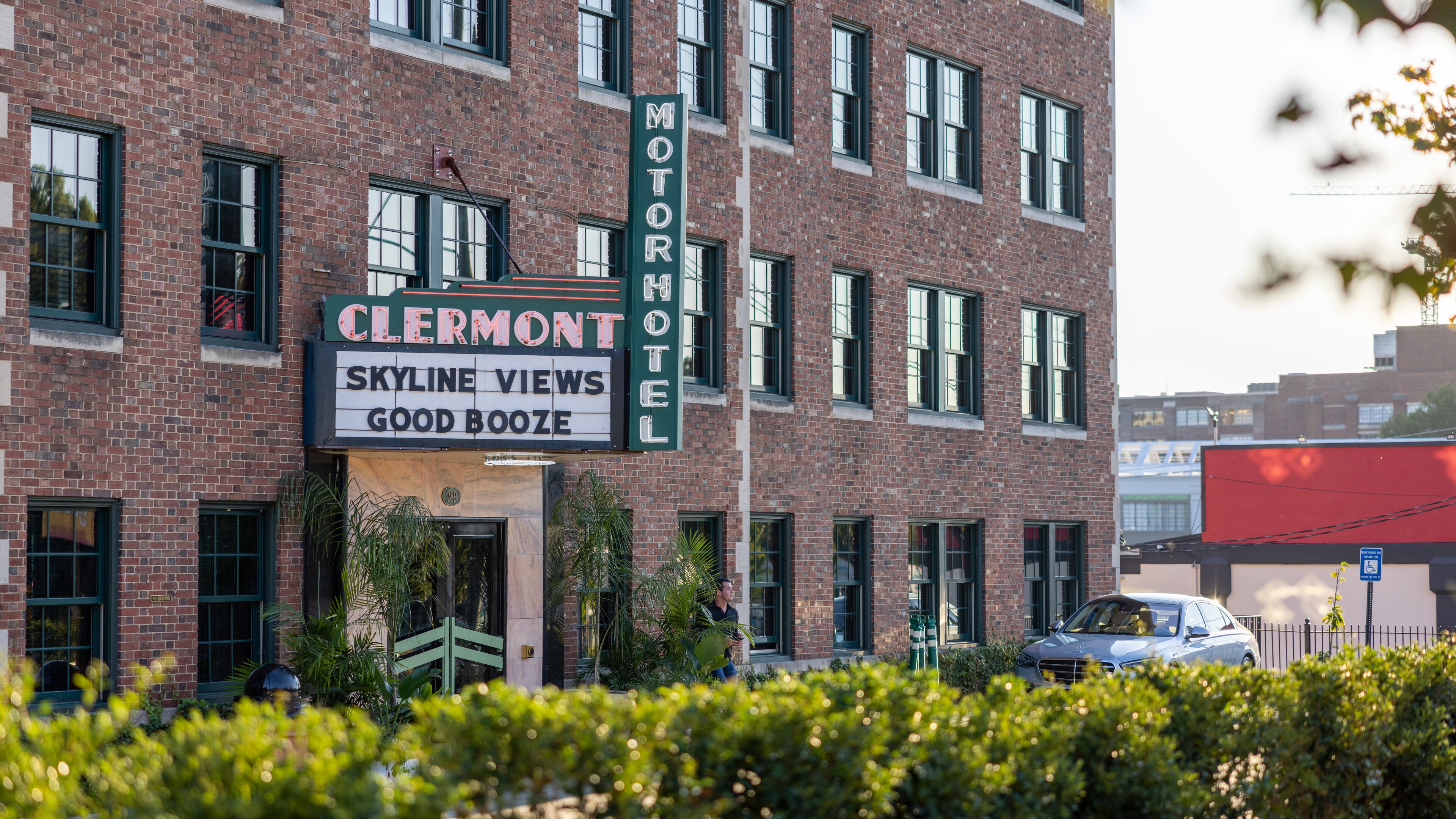 Hotel Clermont building and sign on September 24, 2022