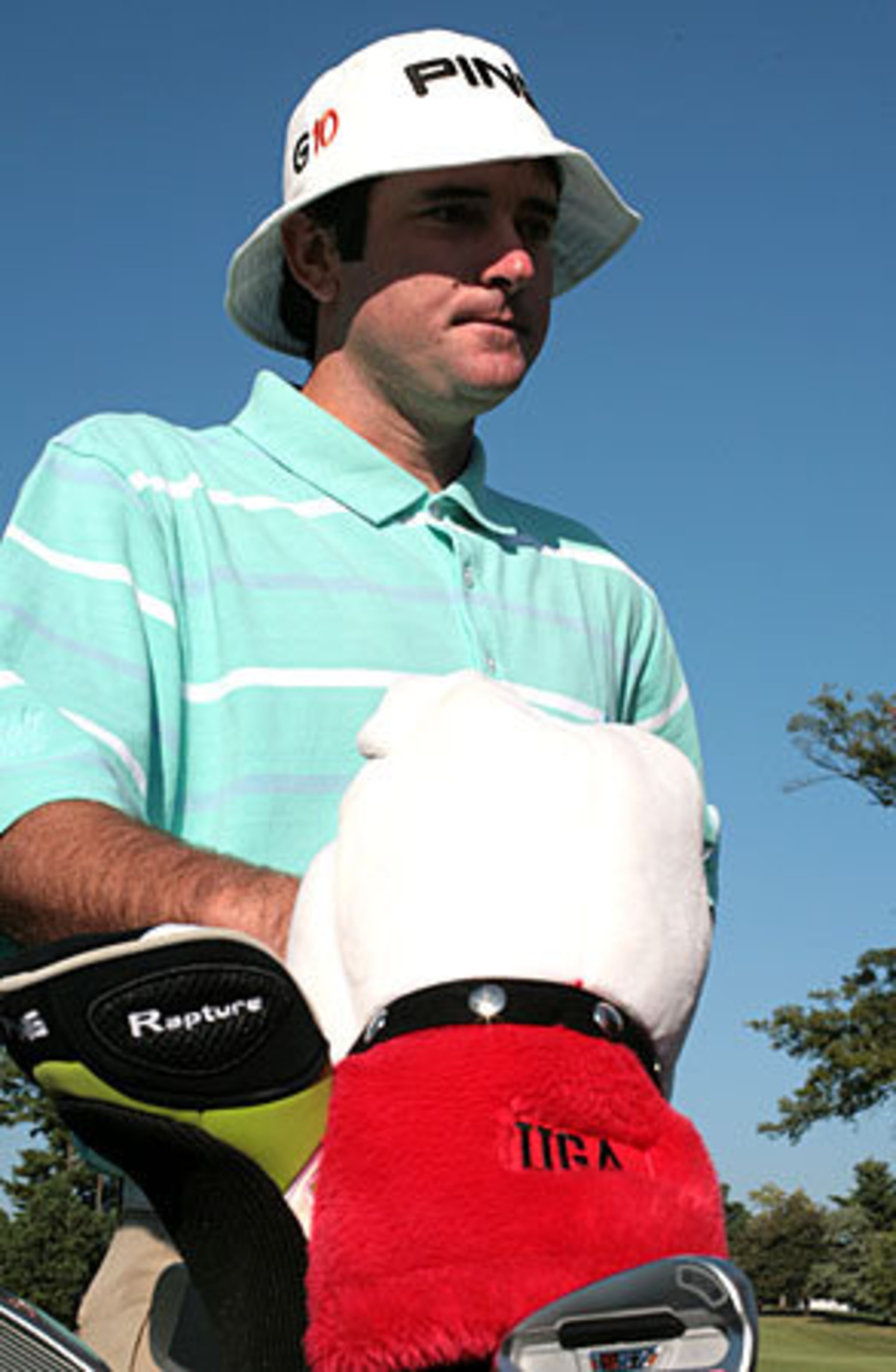 Former UGA star Bubba Watson shows off his Bulldog spirit during Wednesday's practice round for the Tour Championship.