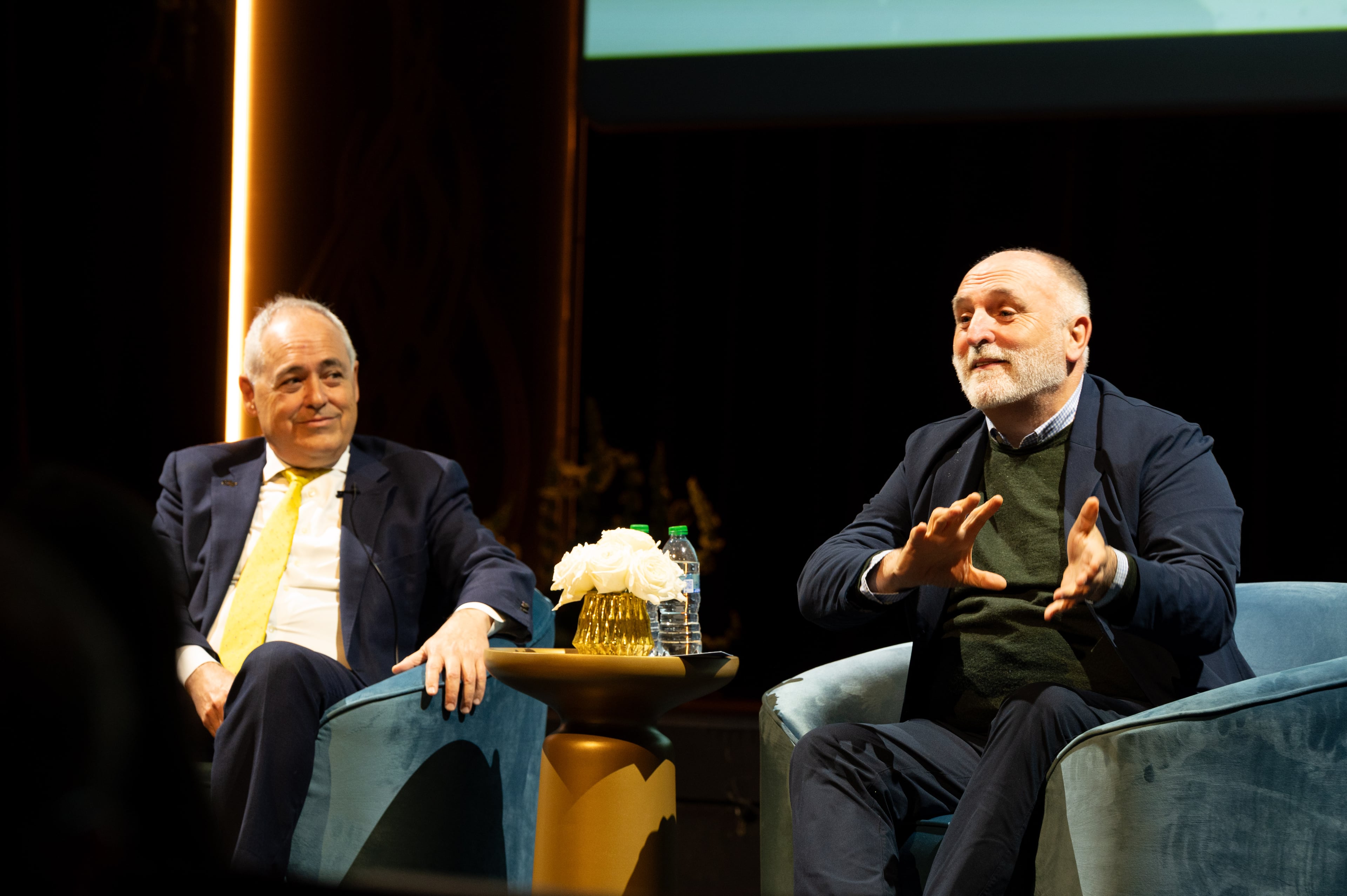 Georgia Tech president Angel Cabrera (left) held a fireside chat with chef Jose Andres, the recipient of the 2026 Ivan Allen Jr. Prize for Social Courage. (Courtesy of Georgia Tech)