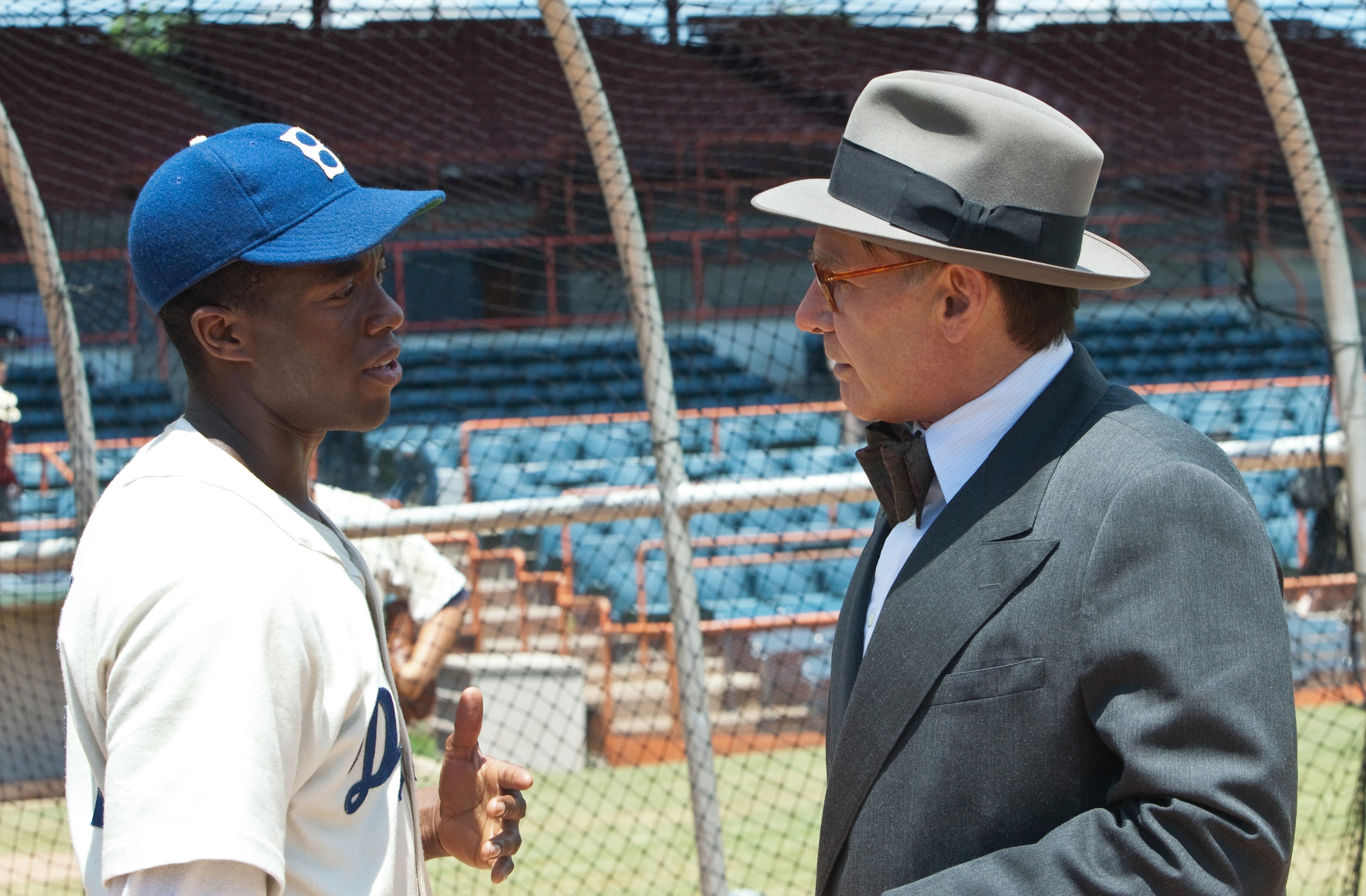 "42" stars Chadwick Boseman (left) and Harrison Ford were spotted around Atlanta during the filming of the Jackie Robinson biopic. (D. Stevens for the AJC 2013)
