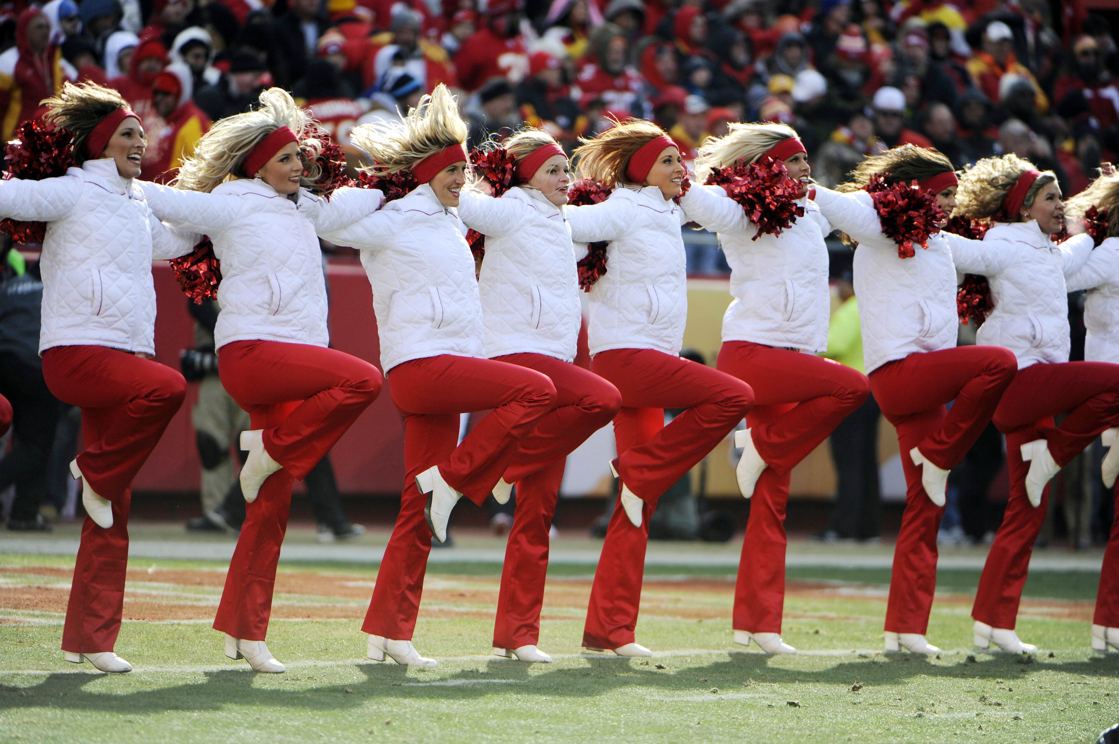 Kansas City Chiefs cheerleaders perform against the San Diego Chargers in the first half at Arrowhead Stadium. San Diego won 41-38. Mandatory Credit: John Rieger-USA TODAY Sports