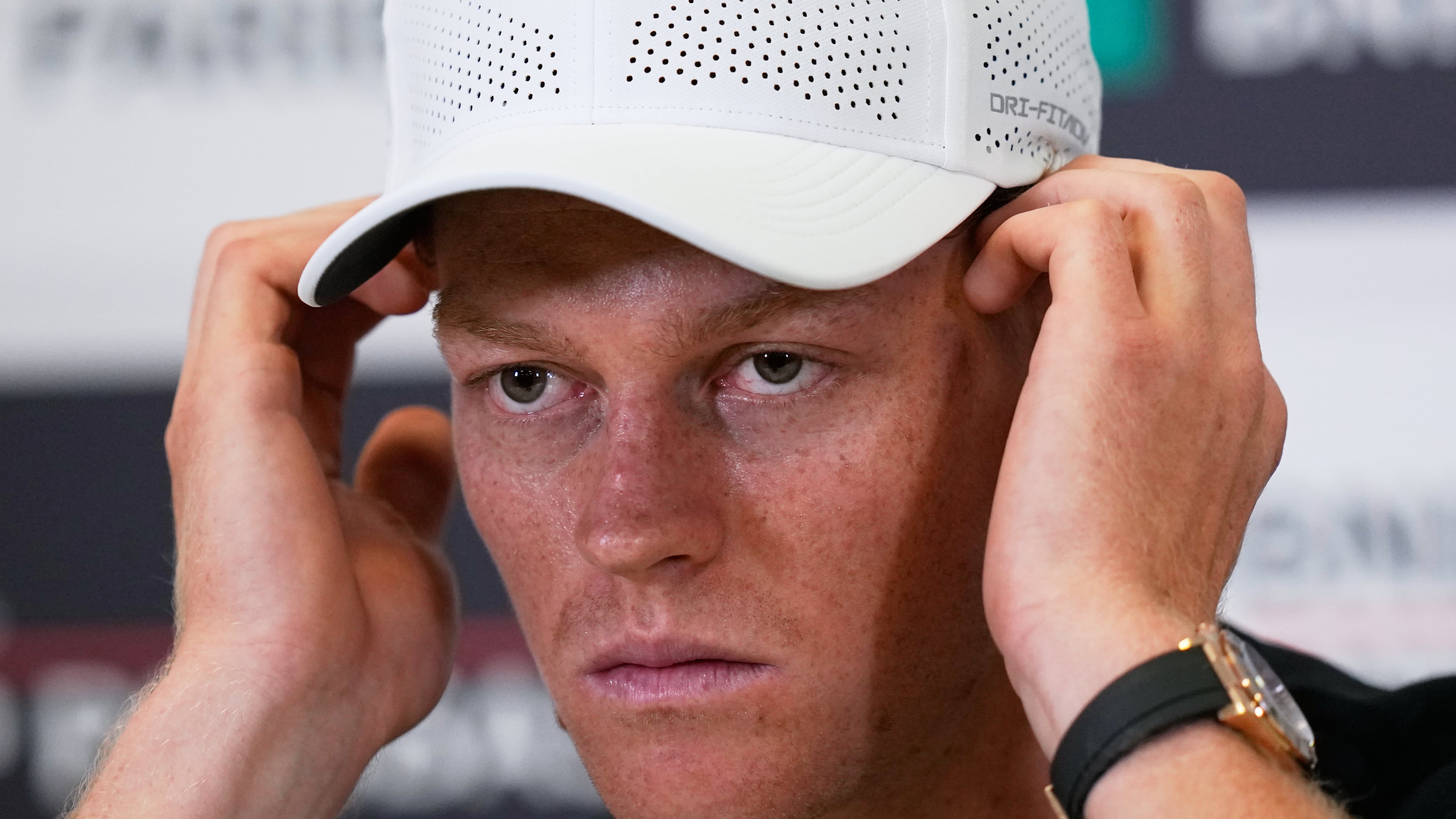 Jannik Sinner, of Italy, listens to a reporters' question during a press conference at the Italian Open at the Foro Italico in Rome, Thursday, May 7, 2026. (AP Photo/Alessandra Tarantino)