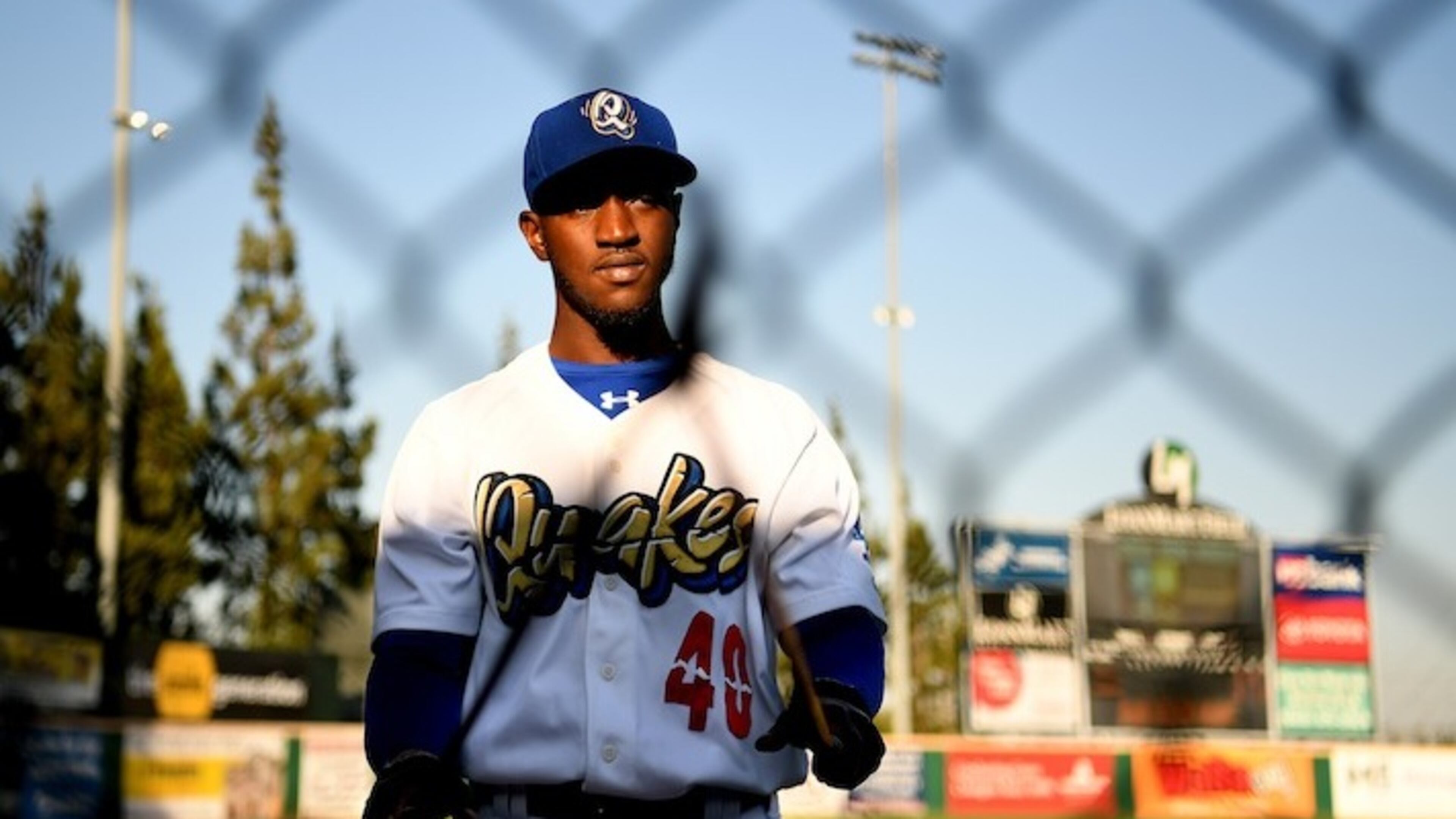Los Angeles Dodgers pitching prospect Yadier Alvarez warms up for the Rancho Cucamonga Quakes on June 5, 2017. The 21-year-old Cuban defector received a $16-million bonus when he signed with the Dodgers two years ago. (Wally Skalij/Los Angeles Times/TNS)
