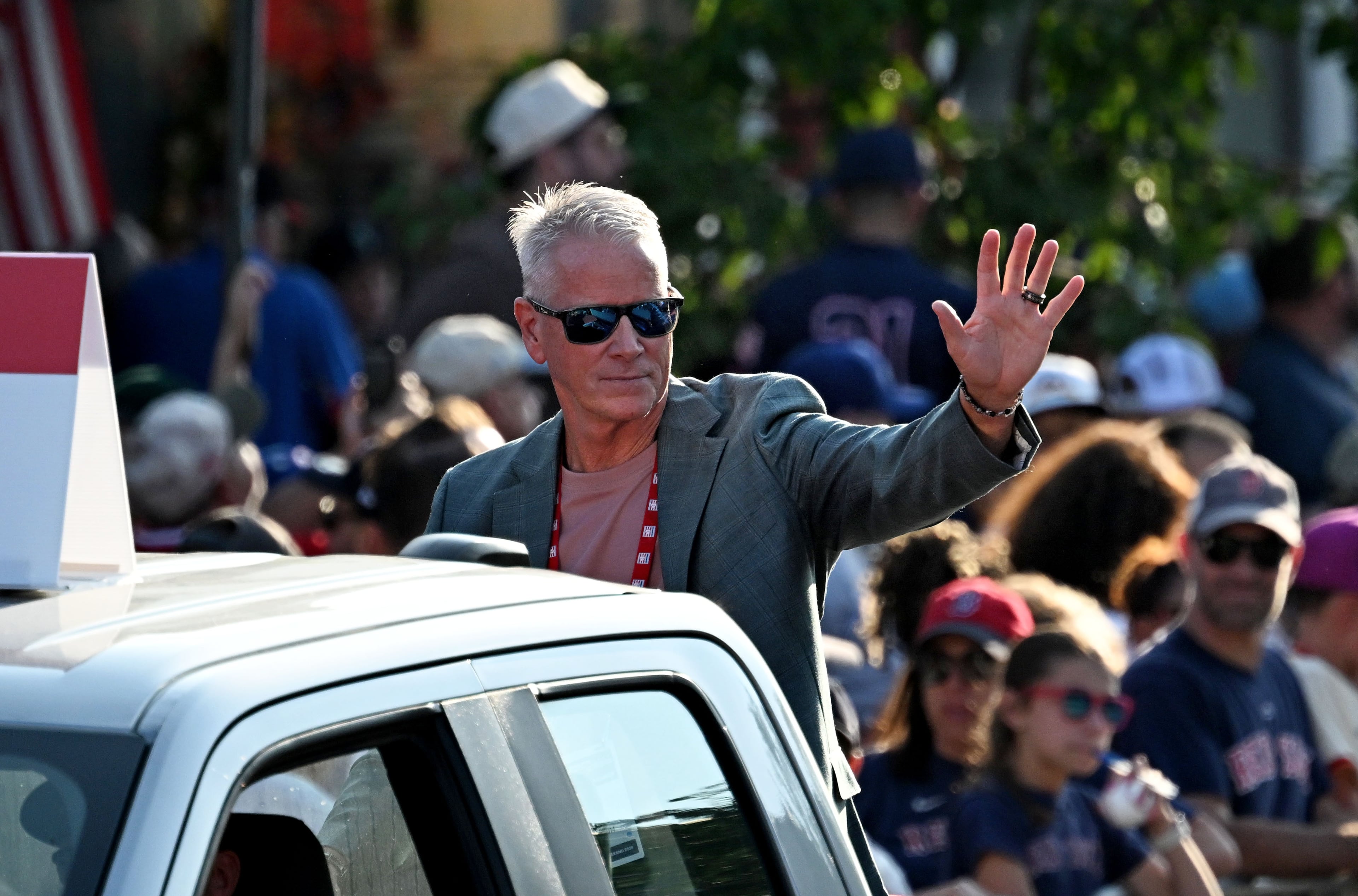 National Baseball Hall of Fame member and former Brave Tom Glavine waves to spectators from the back of a pickup truck during the Hall of Fame Legends Parade on Saturday, July 25, 2026, in Cooperstown, N.Y. (Hyosub Shin/AJC)