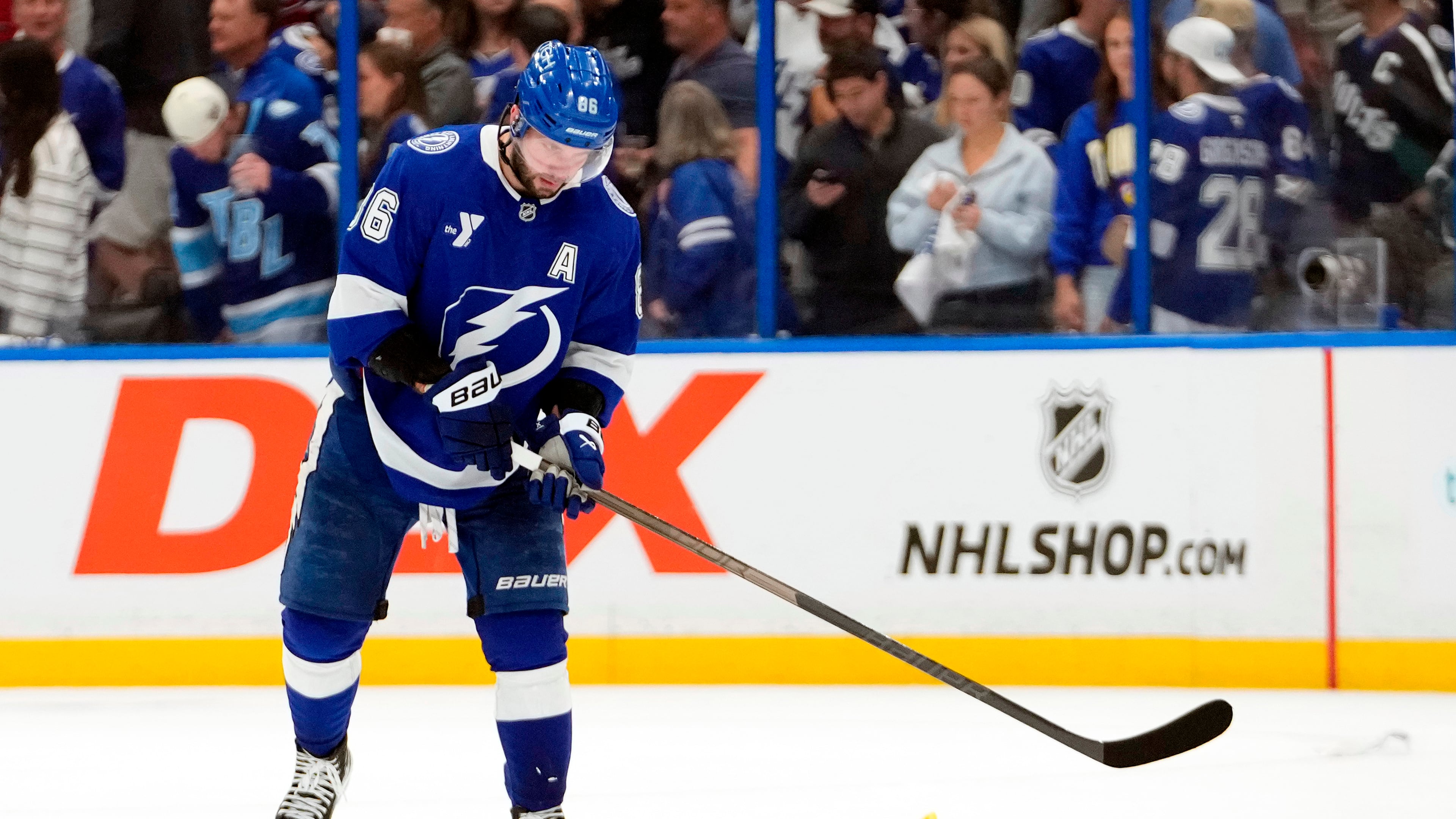 Tampa Bay Lightning right wing Nikita Kucherov (86) reacts after the team lost to the Montréal Canadiens in Game 5 of an NHL hockey Stanley Cup first-round playoff series, Wednesday, April 29, 2026, in Tampa, Fla. (AP Photo/Chris O'Meara)