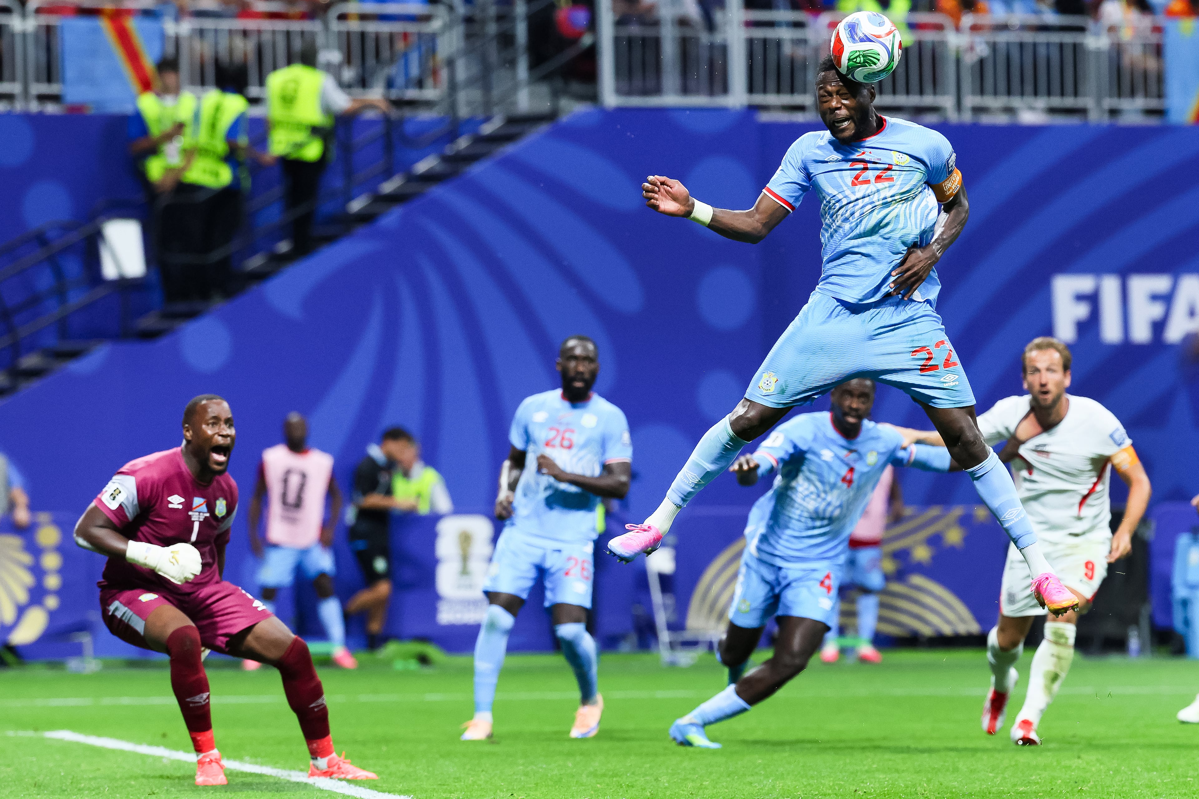 Congo defender Chancel Mbemba heads the ball away from his team's goal during the second half of a FIFA World Cup round of 32 match at Atlanta Stadium (Mercedes-Benz Stadium) on Wednesday, July 1, 2026, in Atlanta. (Jason Getz/AJC)