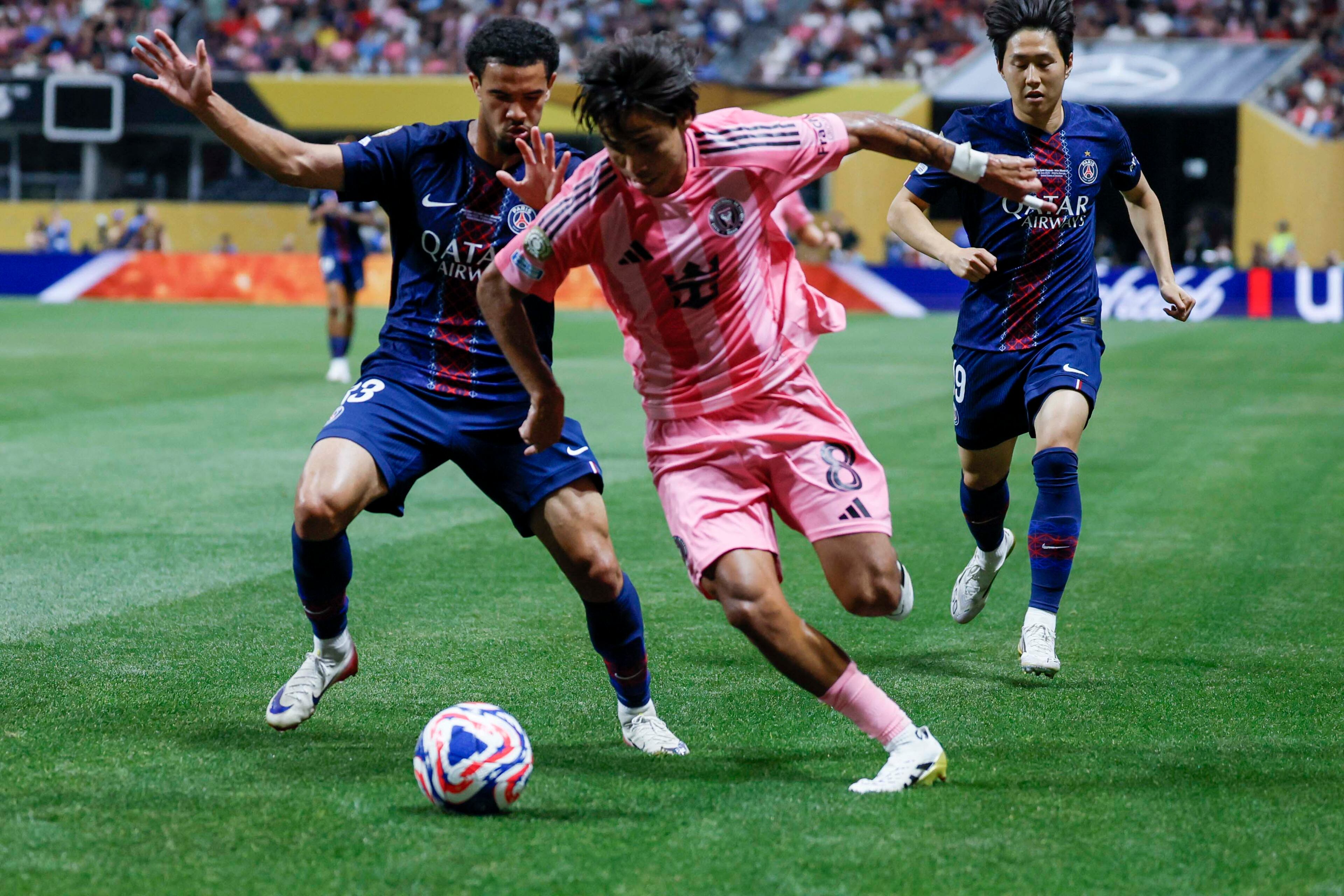 Inter Miami midfielder Telasco Segovia (8) battles for possession during the Club World Cup round of 16 soccer match between Paris Saint-Germain FC and Inter Miami in Atlanta, Georgia, on Sunday, June 29, 2025.
(Miguel Martinez/ AJC)