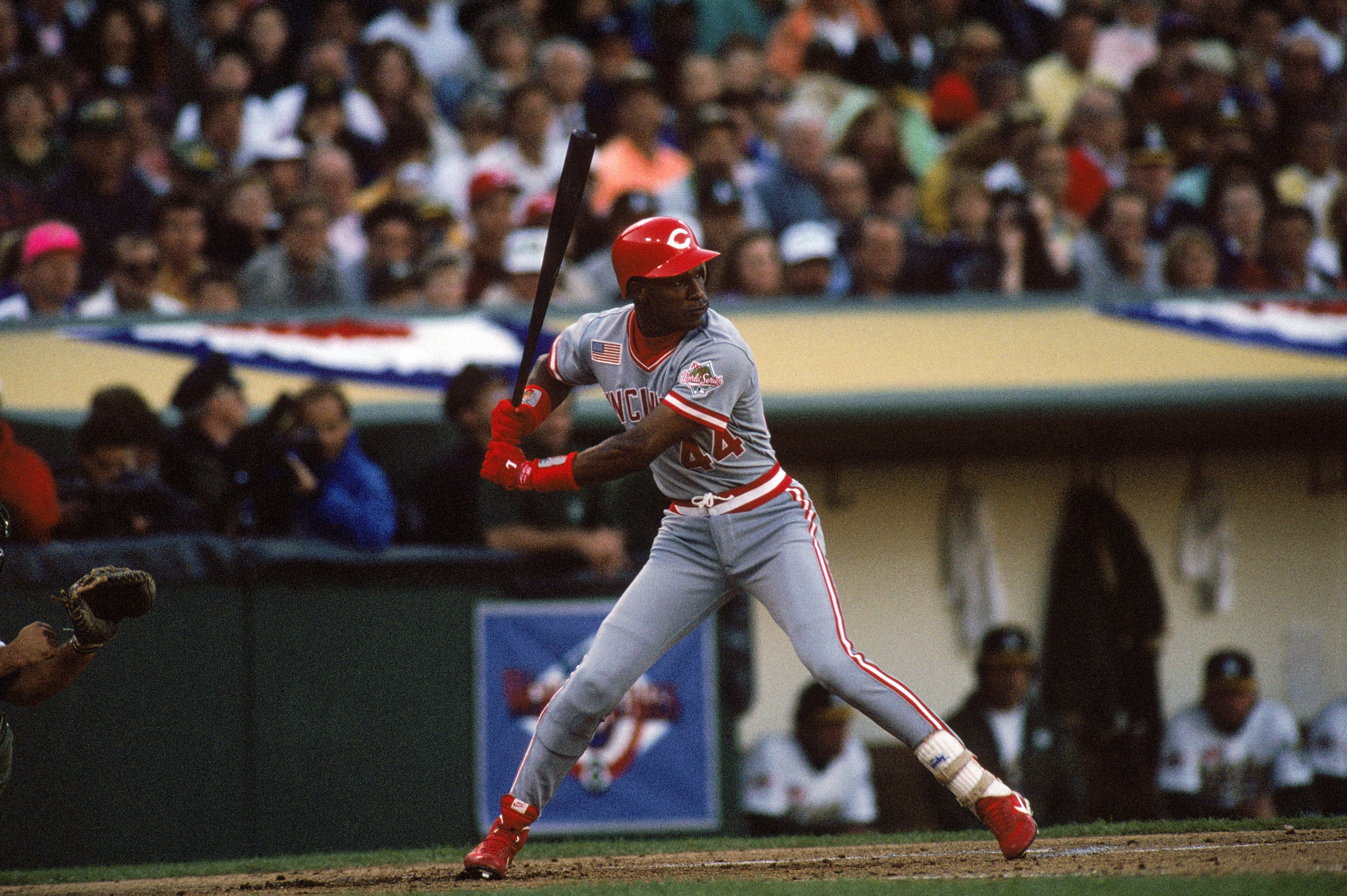 Eric Davis #44 of the Cincinnati Reds waits for the pitch during Game three of the 1990 World Series against the Oakland Athletics at Oakland-Alameda Coliseum on October 19, 1990 in Oakland, California. The Reds defeated the A's 8-3.