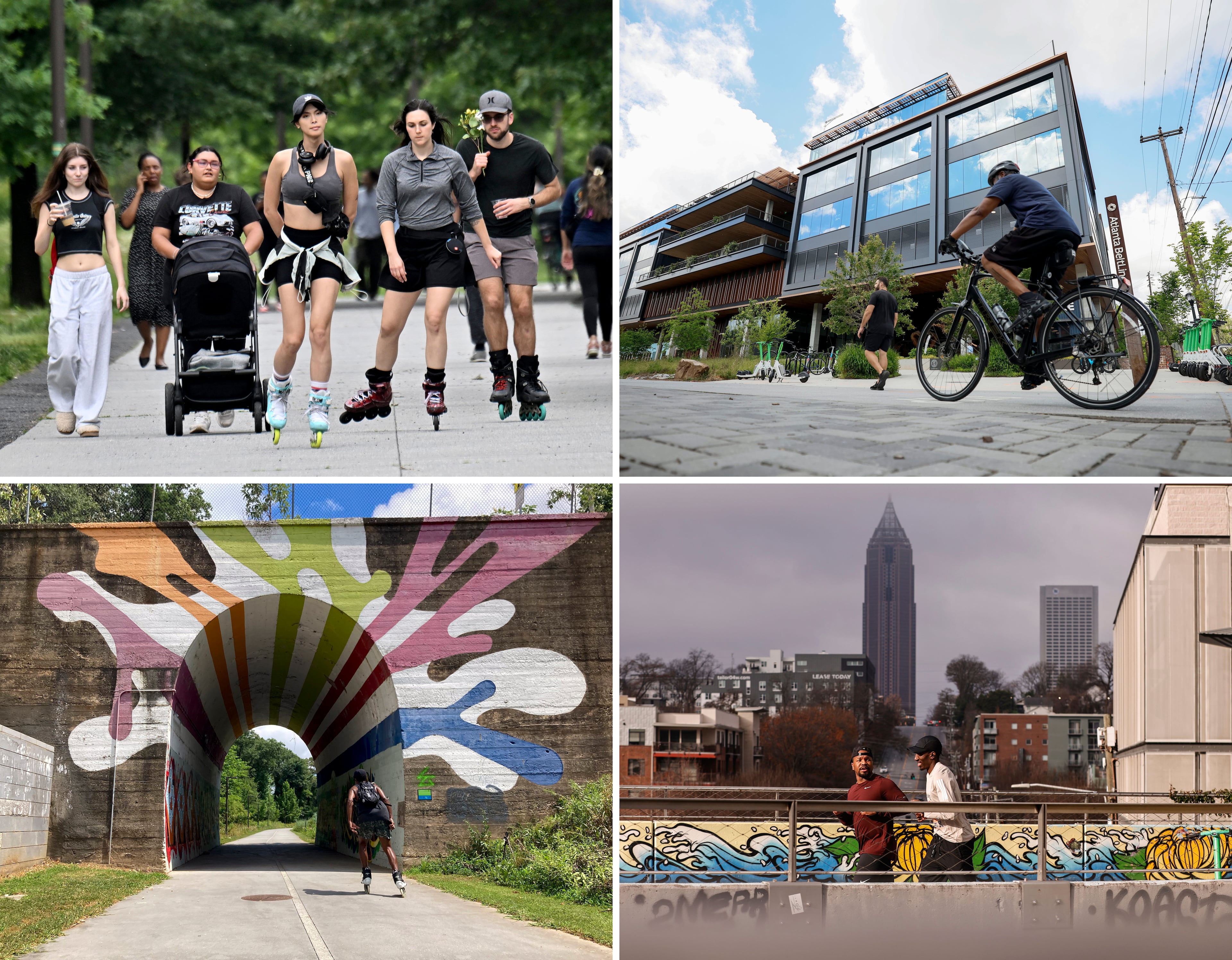 (Clockwise from top left) People walk and skate along the Eastside Trail near the Old Fourth Ward in May; a bicyclist rides up the Beltline near Krog Street Market in May; joggers enjoy the warm weather as they cross North Avenue on the Beltline in December; a rollerblader enters a tunnel on the Westside Trail where it passes under Lucile Avenue in June 2024. (Hyosub Shin/AJC; Miguel Martinez/AJC; Natrice Miller/AJC; Ben Gray/2024)