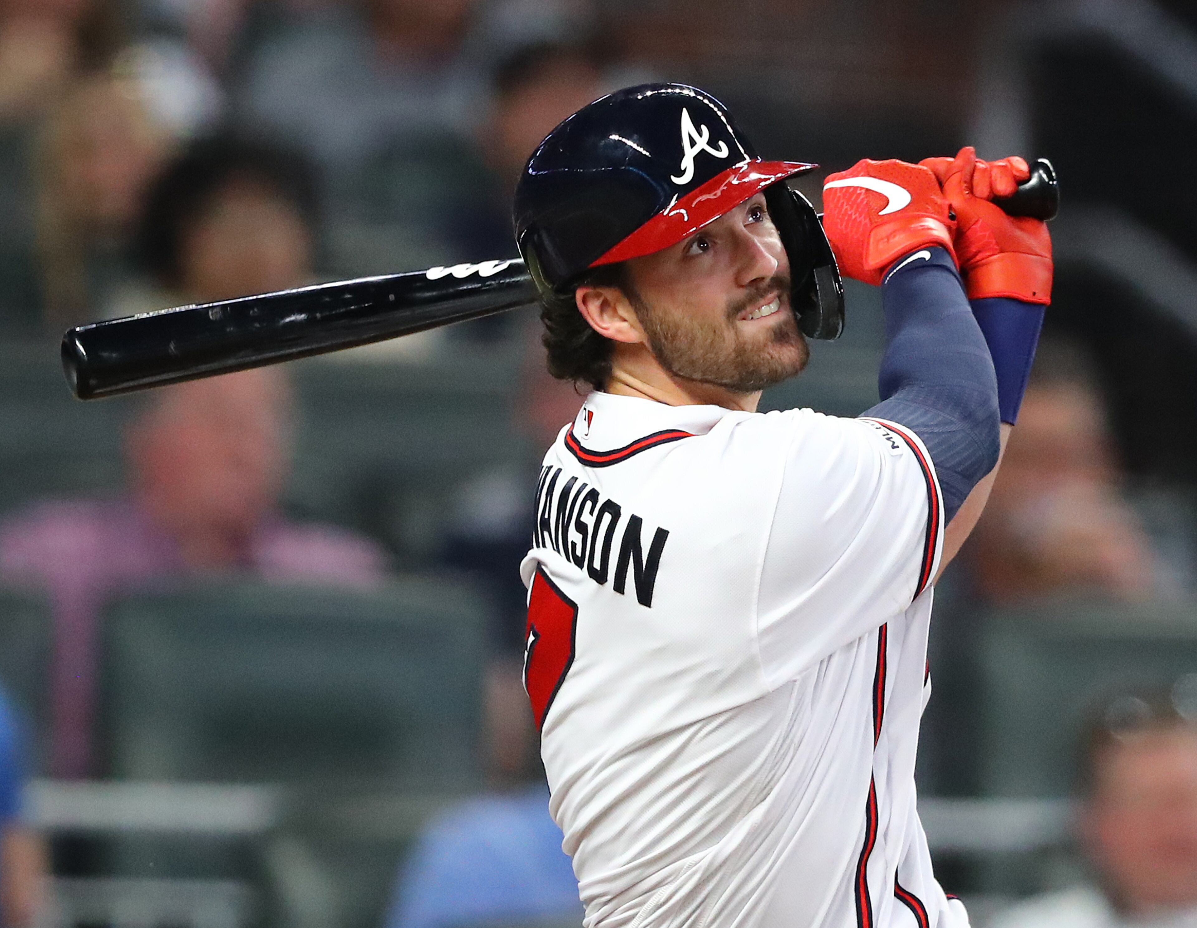 Braves shortstop Dansby Swanson hits a solo home run to tie the game 1-1 during the third inning. Curtis Compton/ccompton@ajc.com