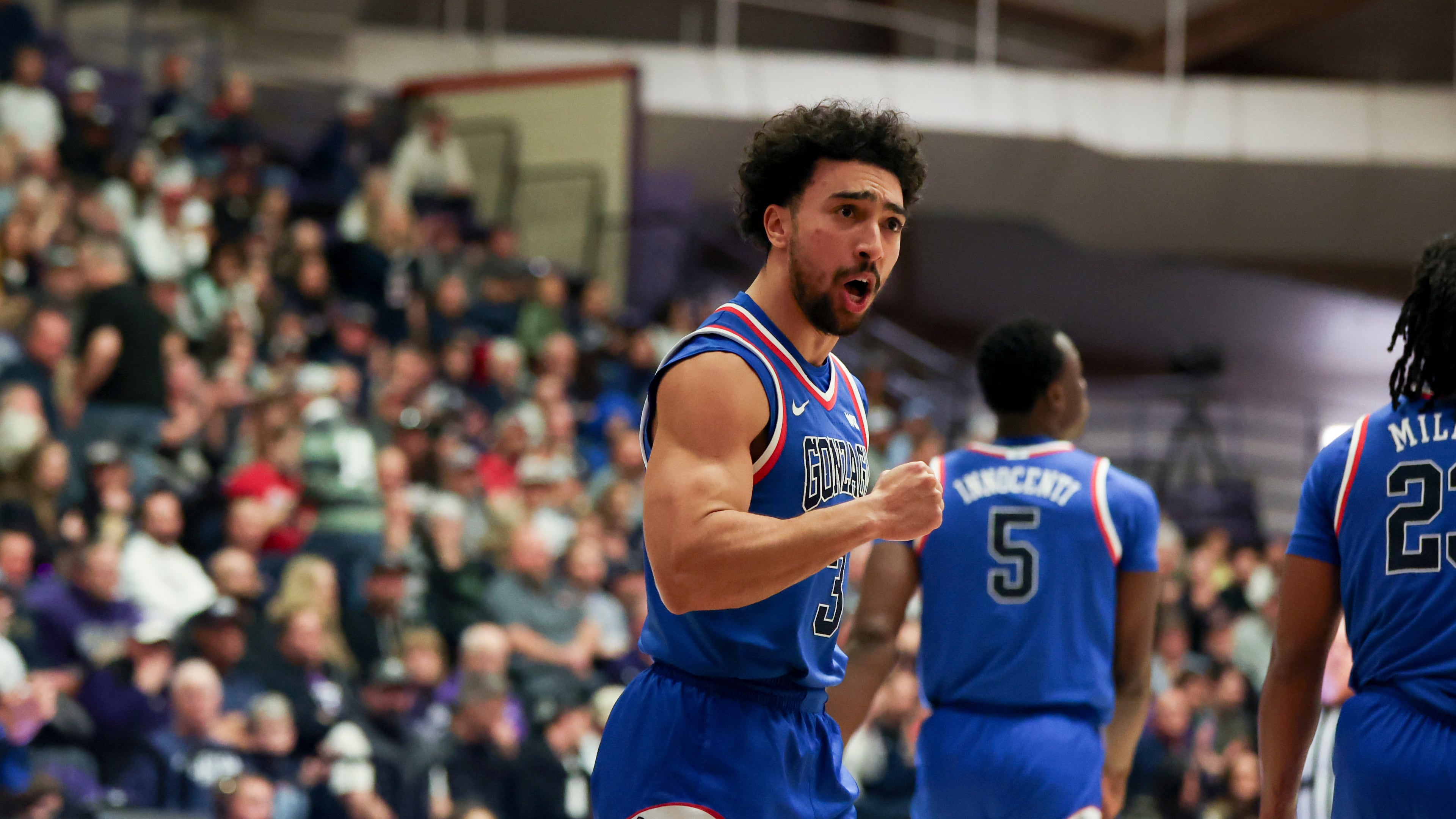 Gonzaga guard Braeden Smith (3) reacts during the second half of an NCAA college basketball game against Portland in Portland, Ore., Wednesday, Feb. 4, 2026. (AP Photo/Amanda Loman)